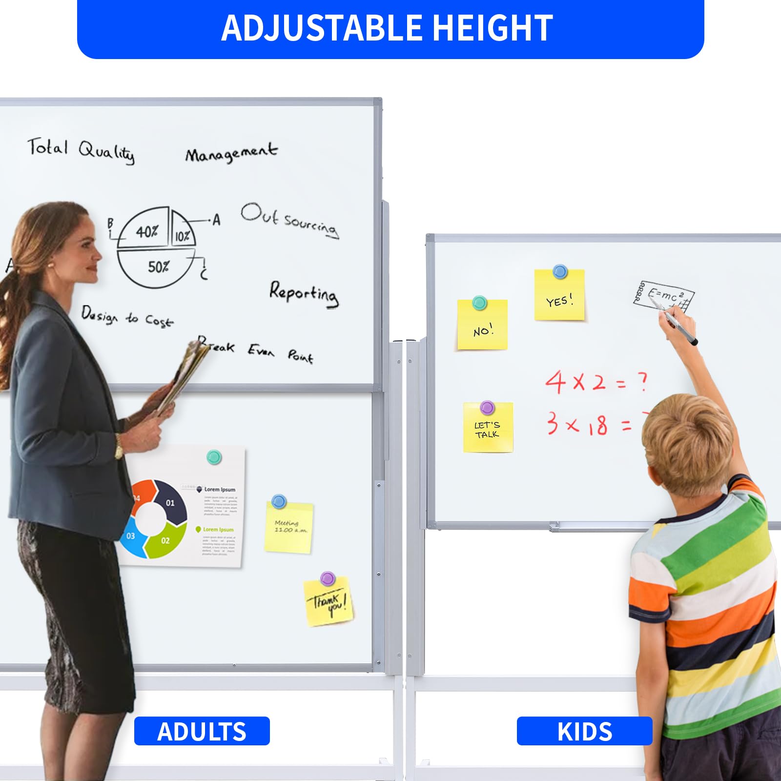 Magnetic Dry Erase Whiteboard 48x60 Inches - Double-Sided Rolling Whiteboard on Wheels with Adjustable Height & Easel Stand for School, Office, Home Use - Includes Markers & Erasers (Ideal for Classrooms, Presentations & Home Office Organization)