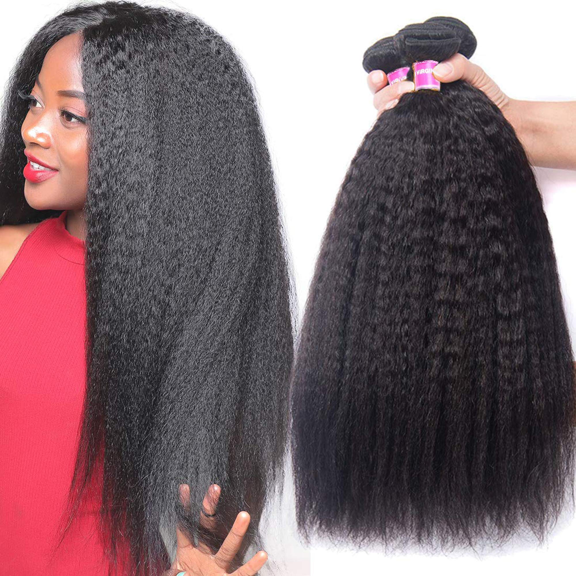 UNice Hair 10A Yaki Kinky Straight 100% Unprocessed Mongolian Virgin Human Hair Weave Extensions - 3 Bundles Natural Color (14 16 18 Inch) for Black Women | Perfect for Sew-in, Glue-in & Clip-in Hairstyles | Salon Quality Hair Extensions for Daily Wear & Special Occasions