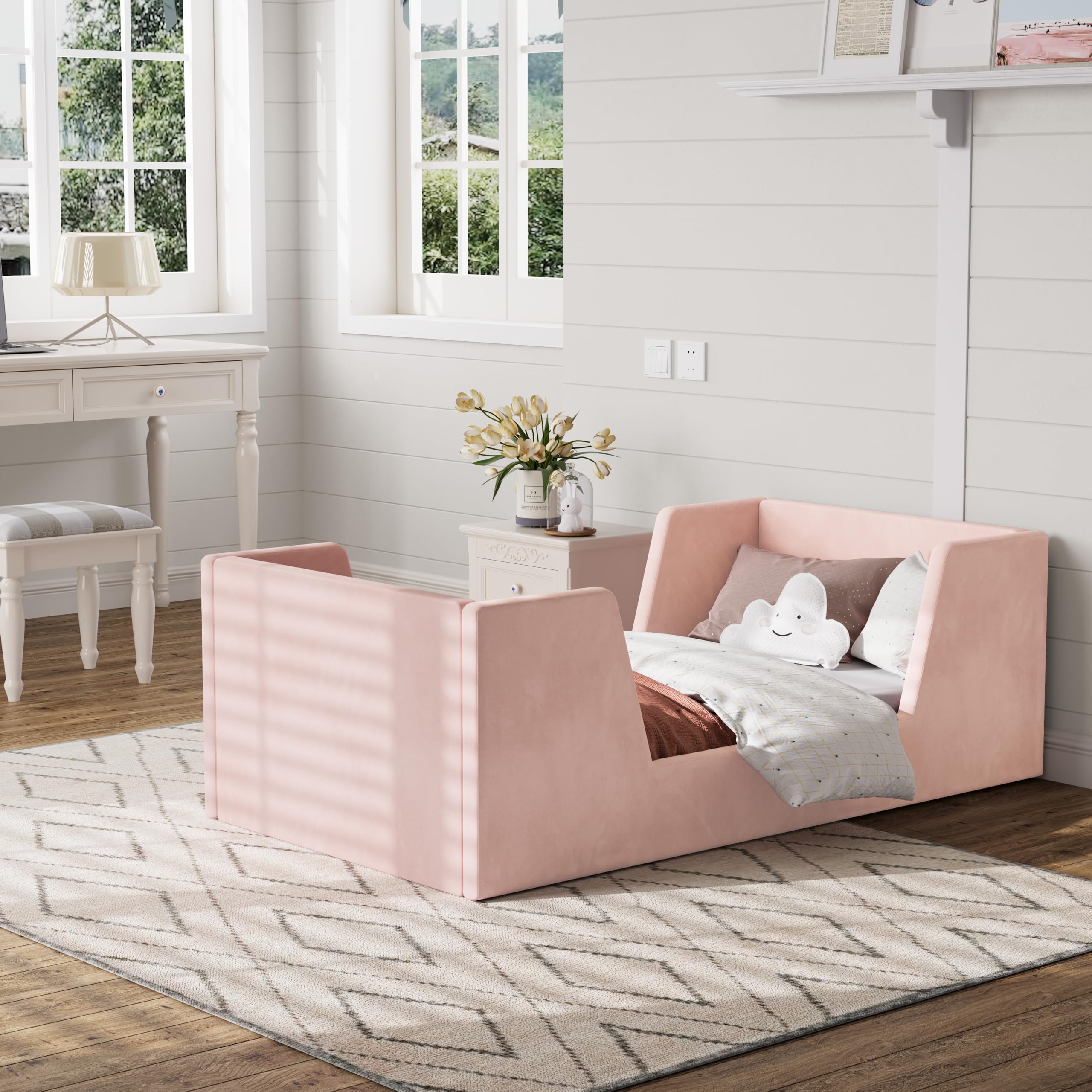 **Toddler Floor Bed with Guard Rails - Safe & Sturdy Kids Bed for Ages 2-6 Years | Standard Crib Mattress Compatible | Certified Fabric Toddler Bed for Boys & Girls | Perfect for Bedrooms, Daycare & Montessori Rooms**