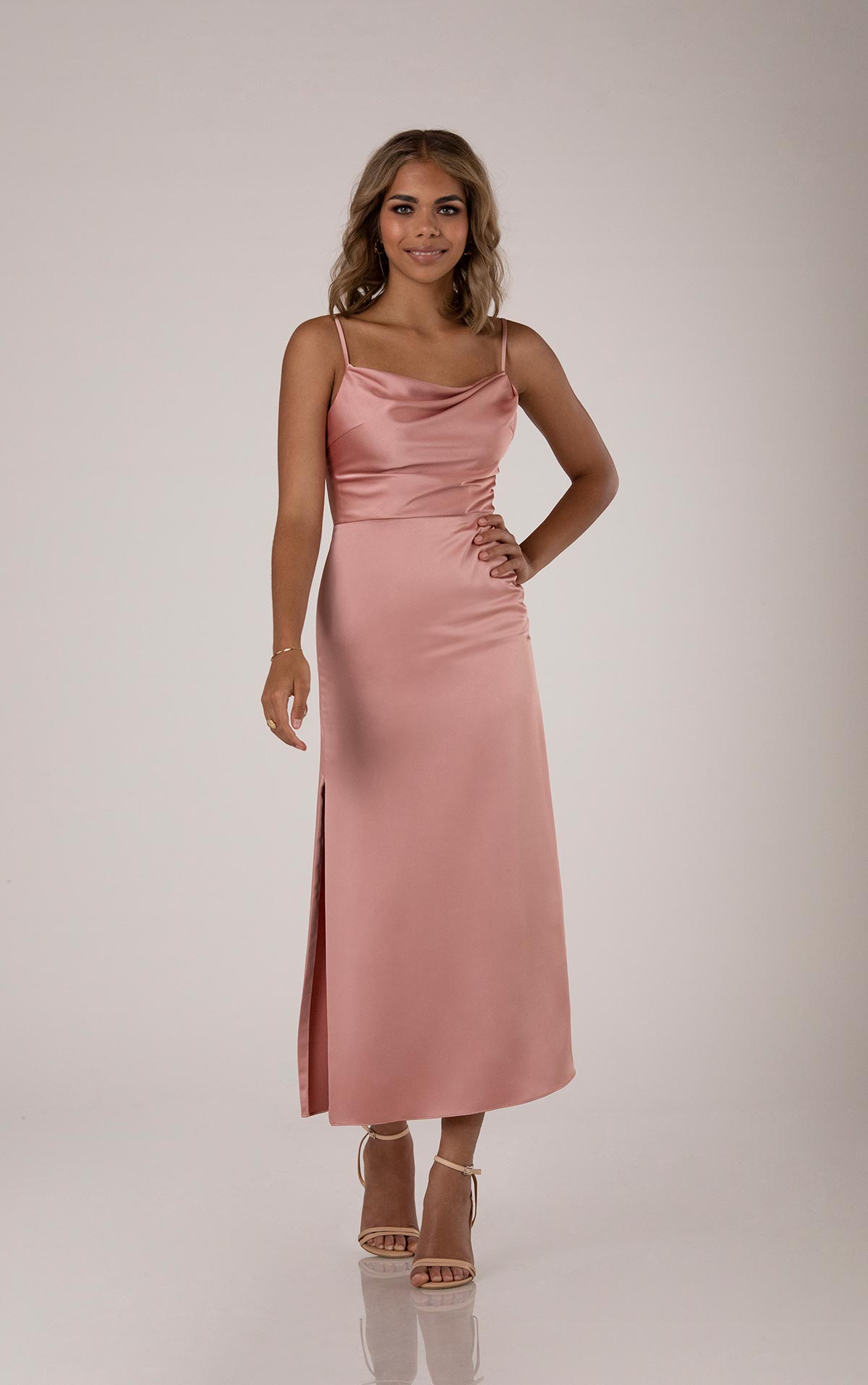 Aliza Tea Length Charmeuse Dress - Elegant & Flowy Formal Gown for Weddings, Parties & Special Occasions