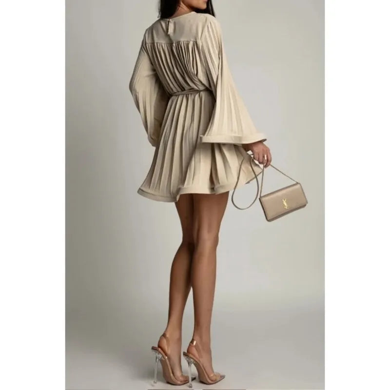 Elegant Pleated Mini Dress for Women - Spring Summer Flared Sleeve Round Neck Lace Up Fashion Dress | Perfect for Parties, Dates & Special Occasions