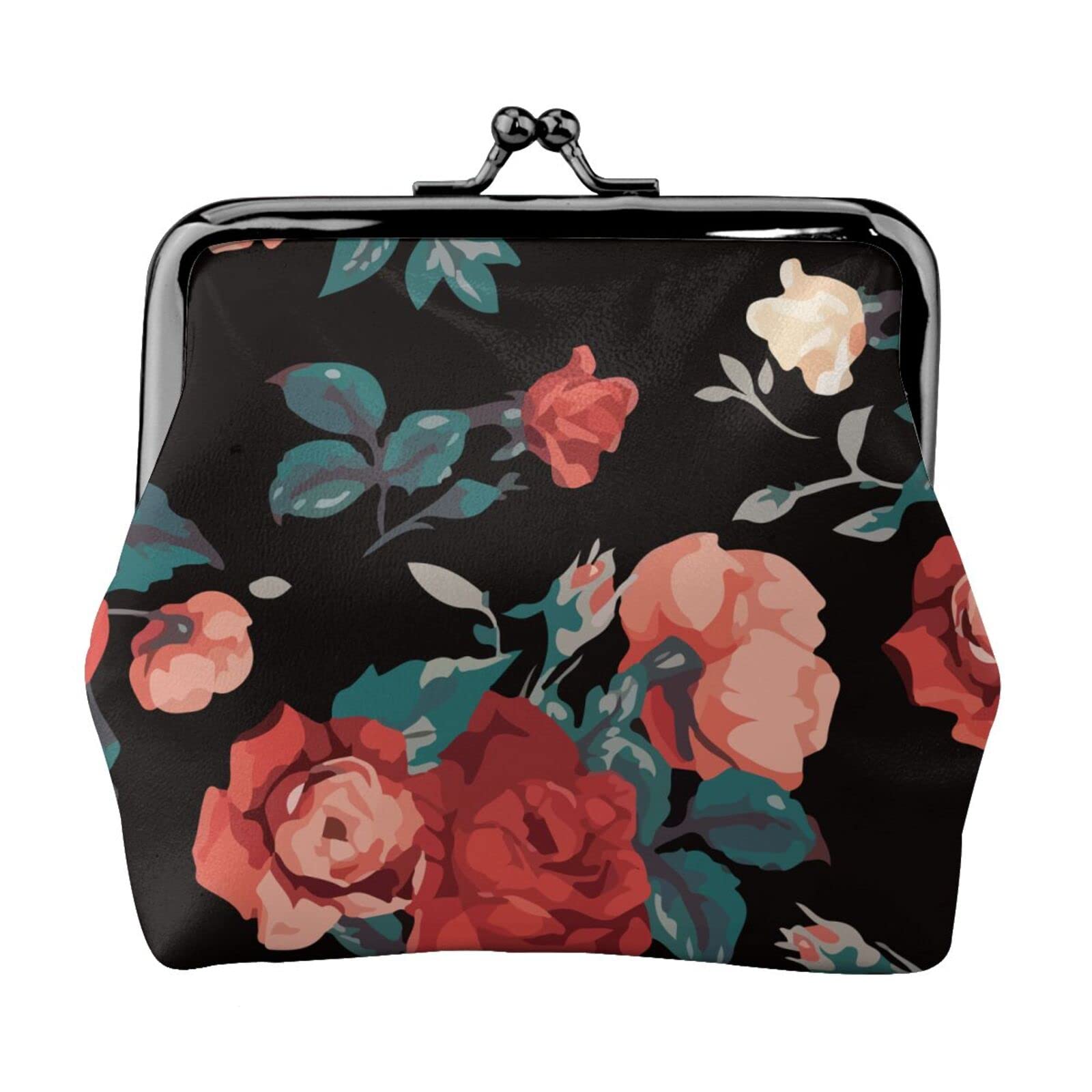 Genuine PU Leather Coin Purse with Buckle Closure - Elegant Rose & Tropical Floral Design for Girls - Compact Kiss-Lock Wallet for Change & Cash - Perfect for School, Travel, and Everyday Use