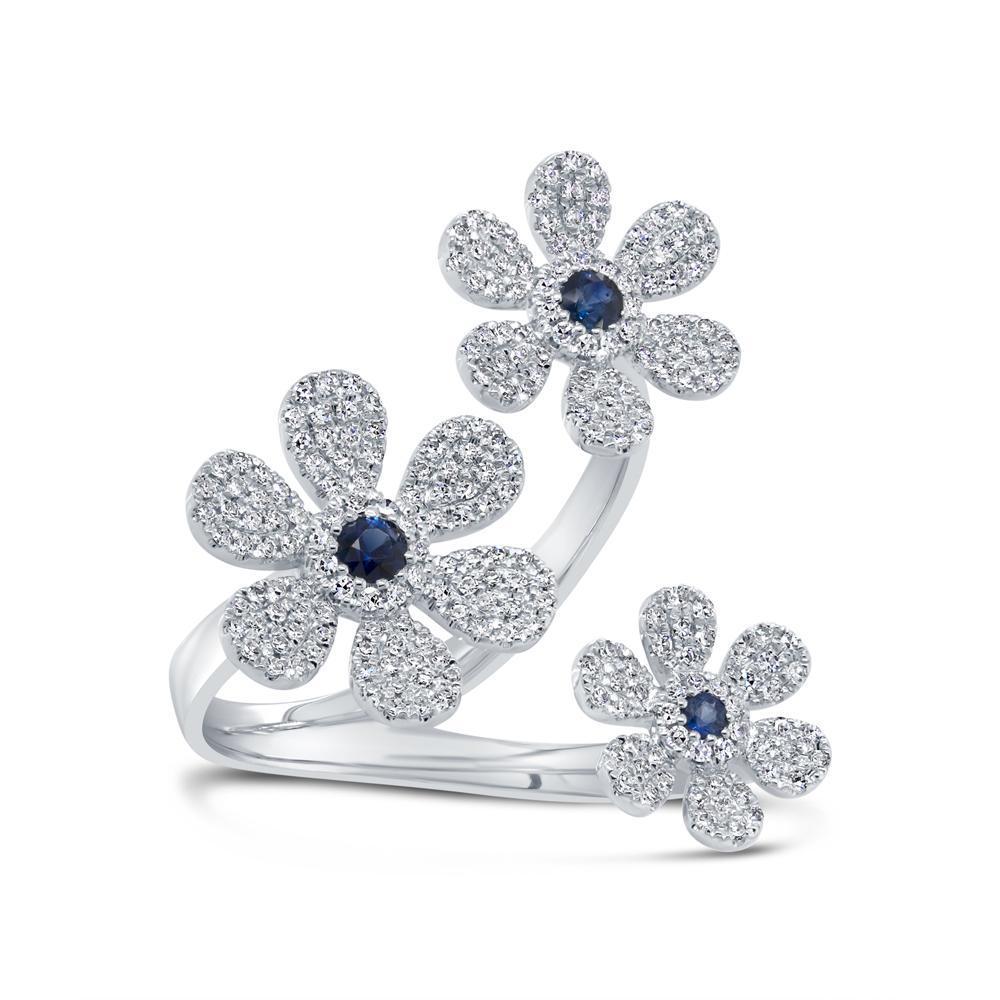 14Kt Gold 0.65 CTW Sapphire & Diamond Pavé 3 Flower Ring - Elegant Jewelry for Weddings, Anniversaries & Special Occasions