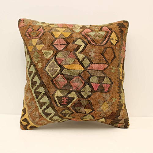 Handmade Kilim Pillow Cover 18x18 Inches - Bohemian Decorative Throw Pillow Case for Sofa, Couch, Bed - Vintage Rug Inspired Home Decor Accent