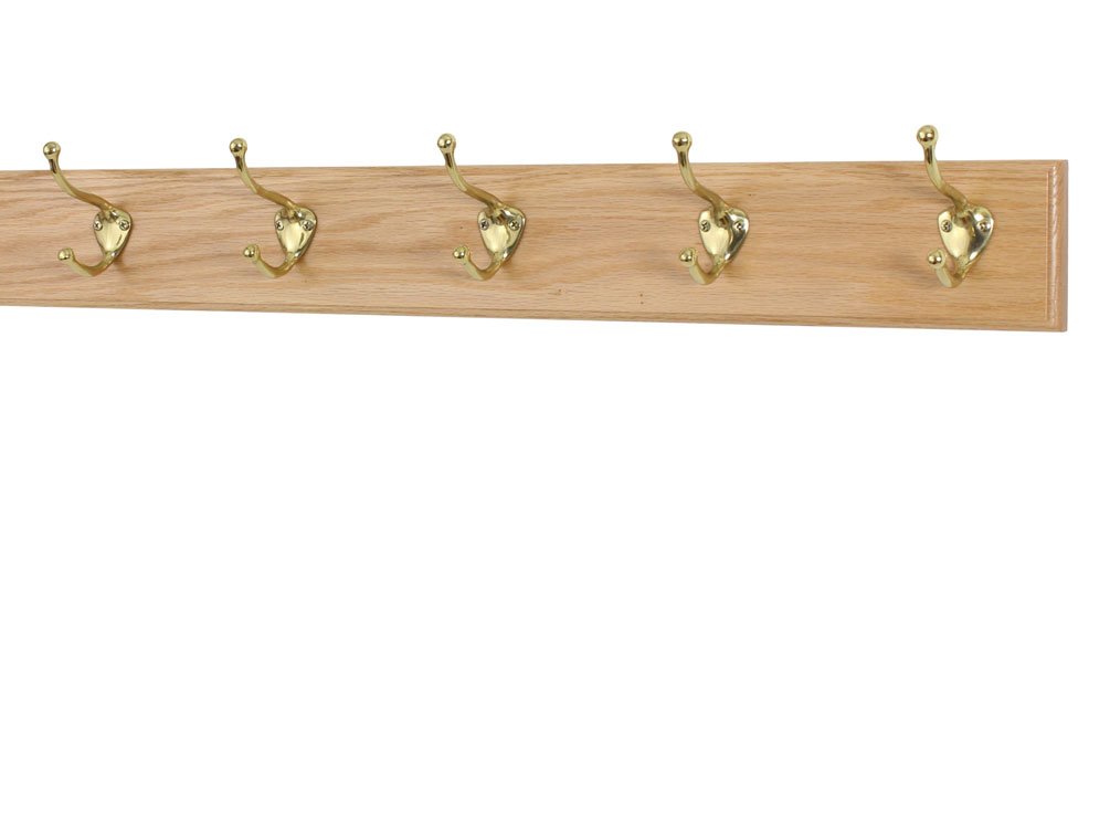 Solid Oak Coat Rack with Brass Hooks - USA Made for Entryway & Bedroom