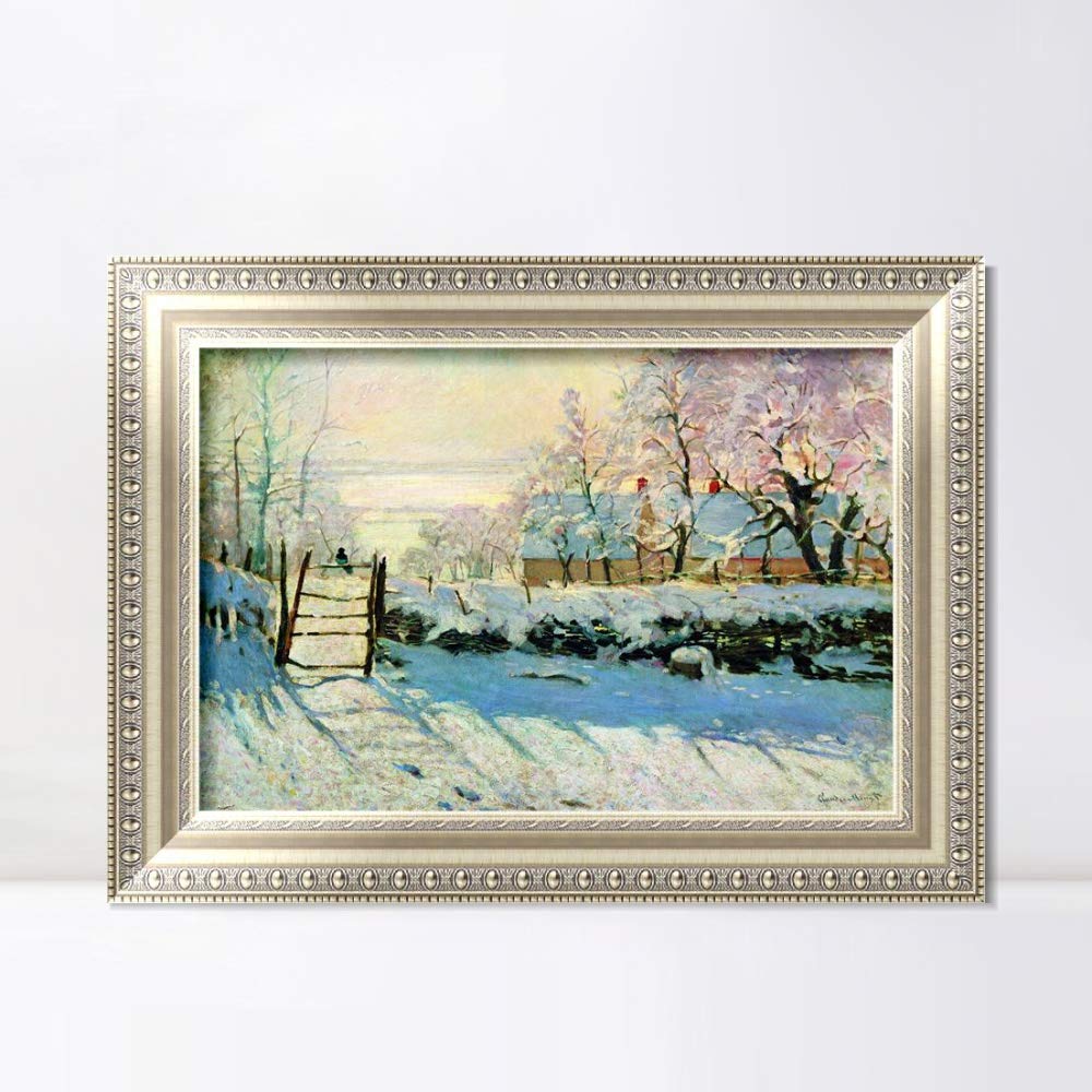 Claude Monet The Magpie 1869 Giclee Print Framed Canvas Wall Art - 24x32 Inch European Silver Frame - Vintage Landscape Painting for Living Room, Bedroom & Office Decor