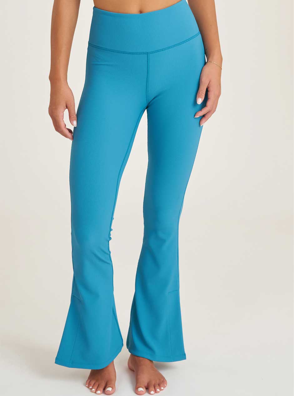 Thrive Société Women's Side Slit Flare Leggings - High Waisted Yoga Pants with Booty Lift, Caribbean Blue - Perfect for Workout, Yoga & Casual Wear
