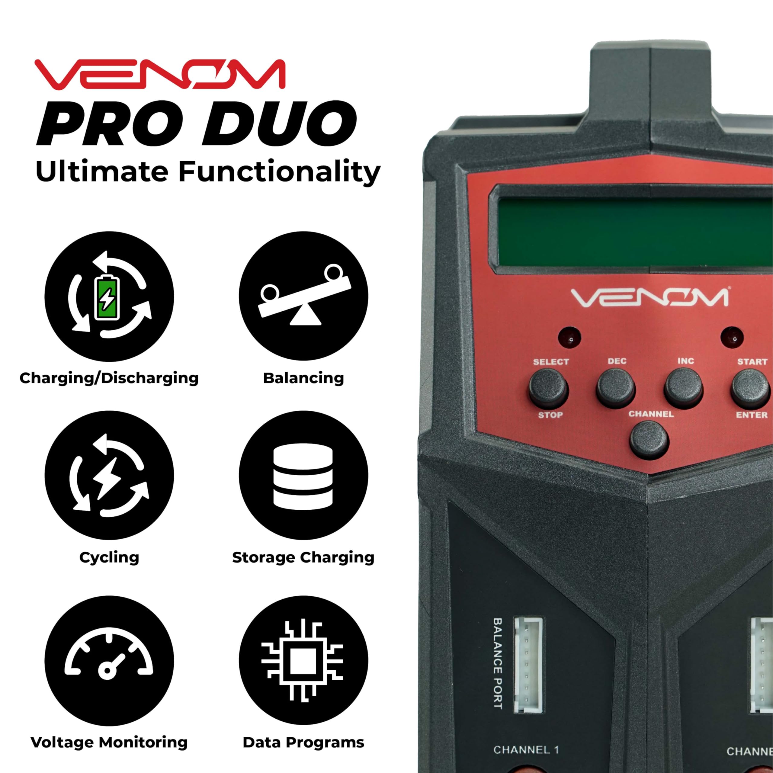 Venom Power Pro Duo LiPo Battery Charger - LCD Display with Charging Cables - Balance Charger & Discharger for LiPo, LiHV, Li-Ion, LiFe, NiMH, NiCd, Pb Batteries (1S-6S) - Perfect for Drones, RC Cars, Airplanes & Hobby Vehicles - Fast Charging & Safe Power Supply