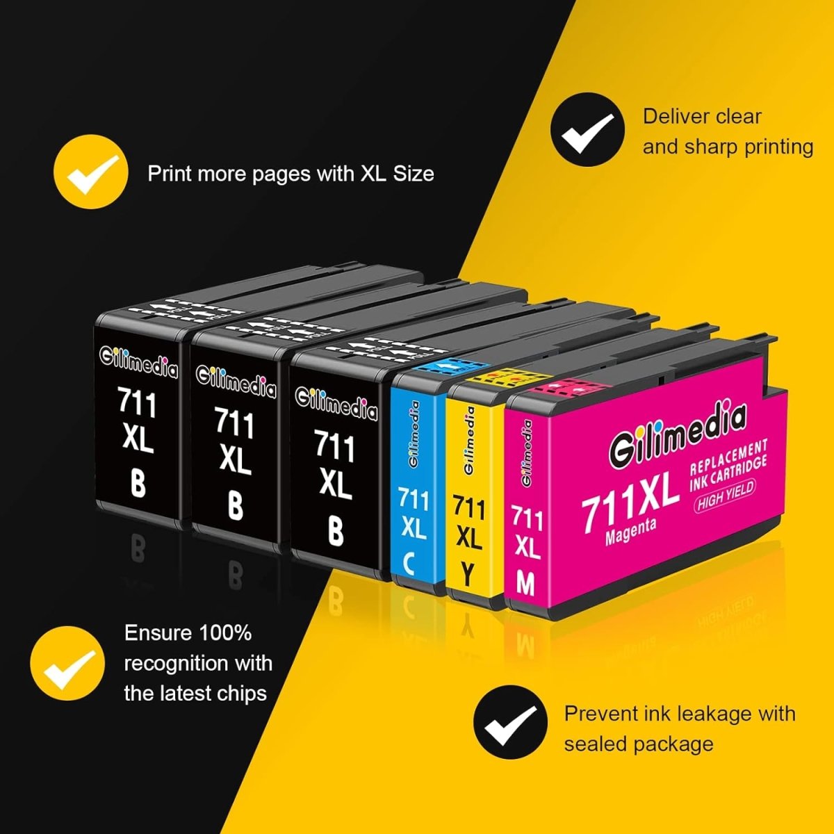 Compatible HP 711XL Ink Cartridge Set - 3 Black, Cyan, Magenta, Yellow - High-Quality Replacement for HP Printers - Perfect for Home, Office & School Printing Needs