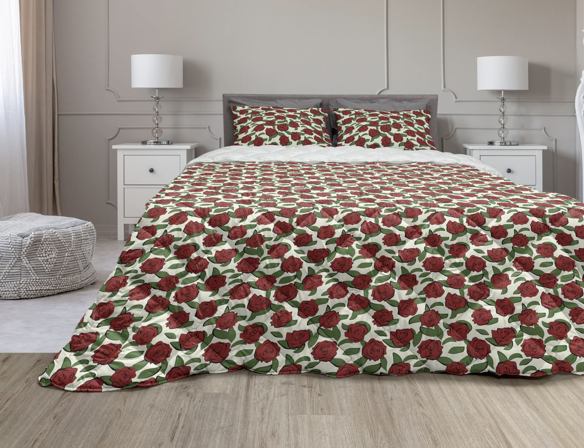 Ambesonne Rose Comforter & Sham Bedding Set - Romantic Floral Duvet Cover with Microfiber Filling, King Size (Ruby/Emerald/Ivory) | Perfect for Spring Bedroom Decor, Wedding Gift & Guest Room Makeover