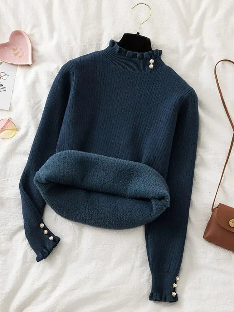 Elegant Winter Ruffled Mock Neck Sweater for Women - Cozy Knit Pullover for Casual Outfits & Holiday Gatherings
