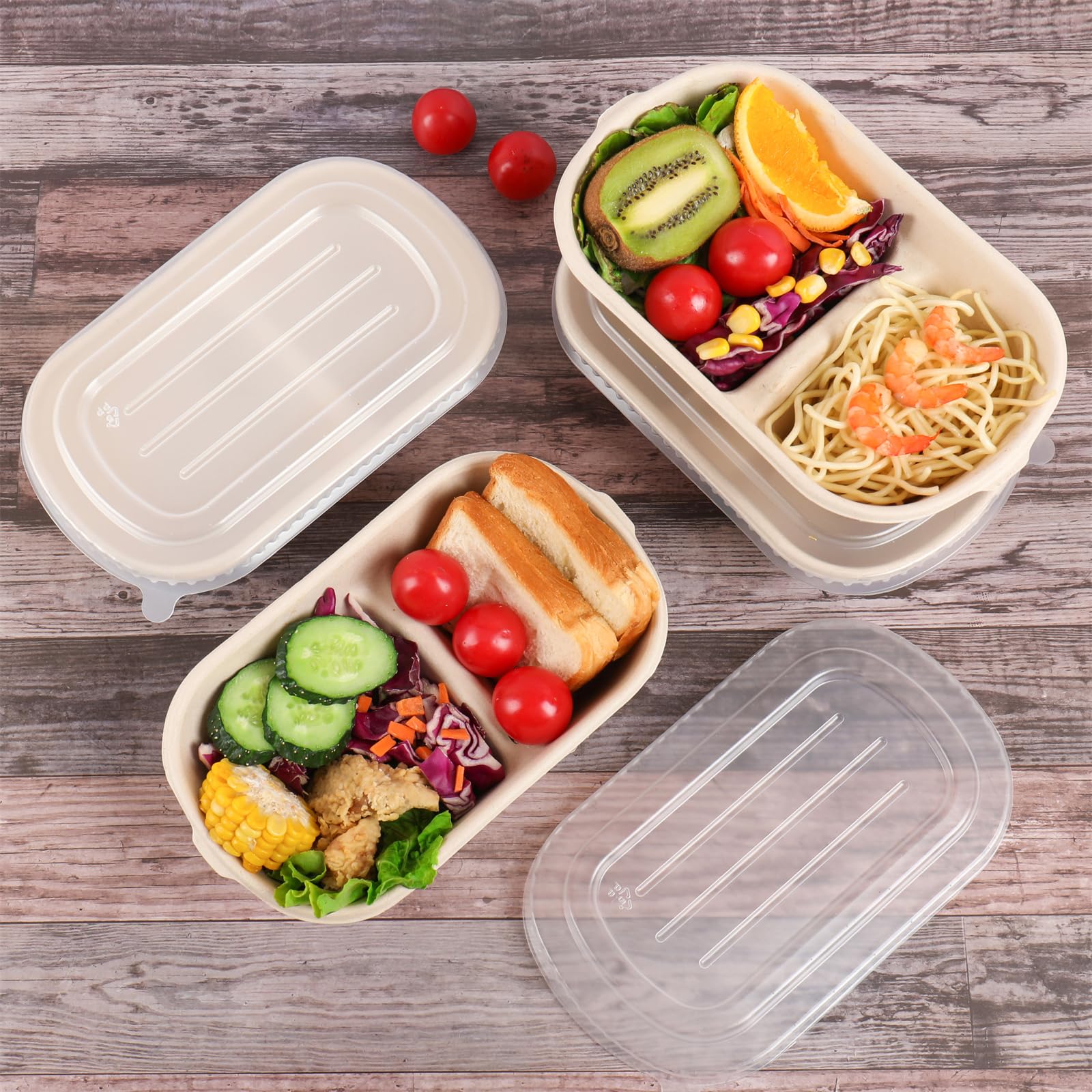 Eco-Friendly 32 oz Disposable Bowls with Lids - 2 Compartment Sugarcane Fiber Food Containers for Meal Prep, Takeout & Leftovers Storage (50 Pack) BPA-Free Biodegradable Plates for Parties, Picnics & Catering