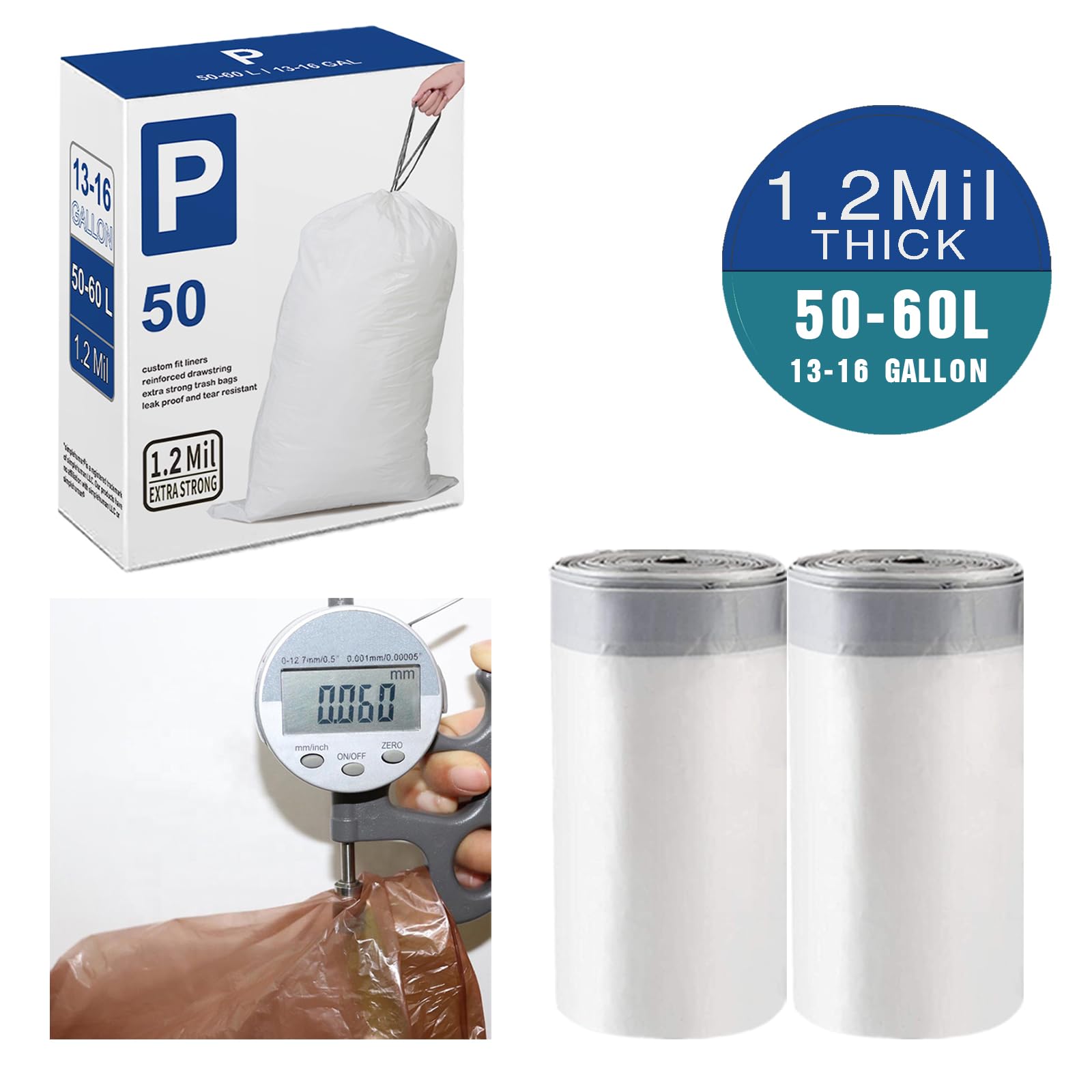 Heavy Duty 13-16 Gallon Trash Bags - 2 Packs (100 Count Total) 1.2 Mil Thick Plastic Garbage Bags with Reinforced Drawstring | Leak Proof & Tear Resistant | Compatible with Simplehuman Code P | Perfect for Kitchen, Office & Outdoor Waste Disposal