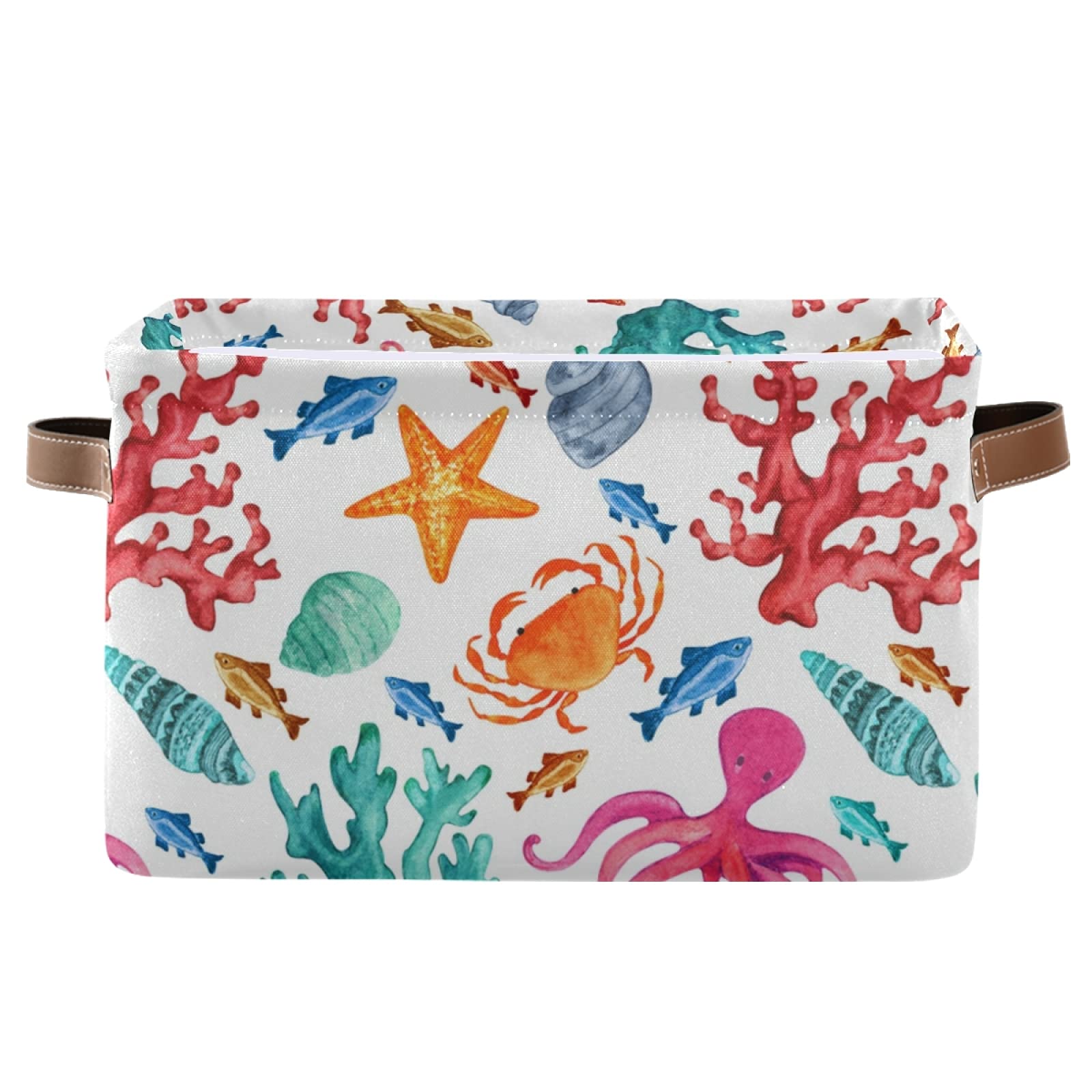 Susiyo Marine Starfish Coral Octopus Storage Bins - 14 x 10 Inch Canvas Storage Basket for Shelves, Closet Organizing (1 Piece) - Perfect for Beach Themed Rooms, Kids' Toy Storage & Bathroom Organization