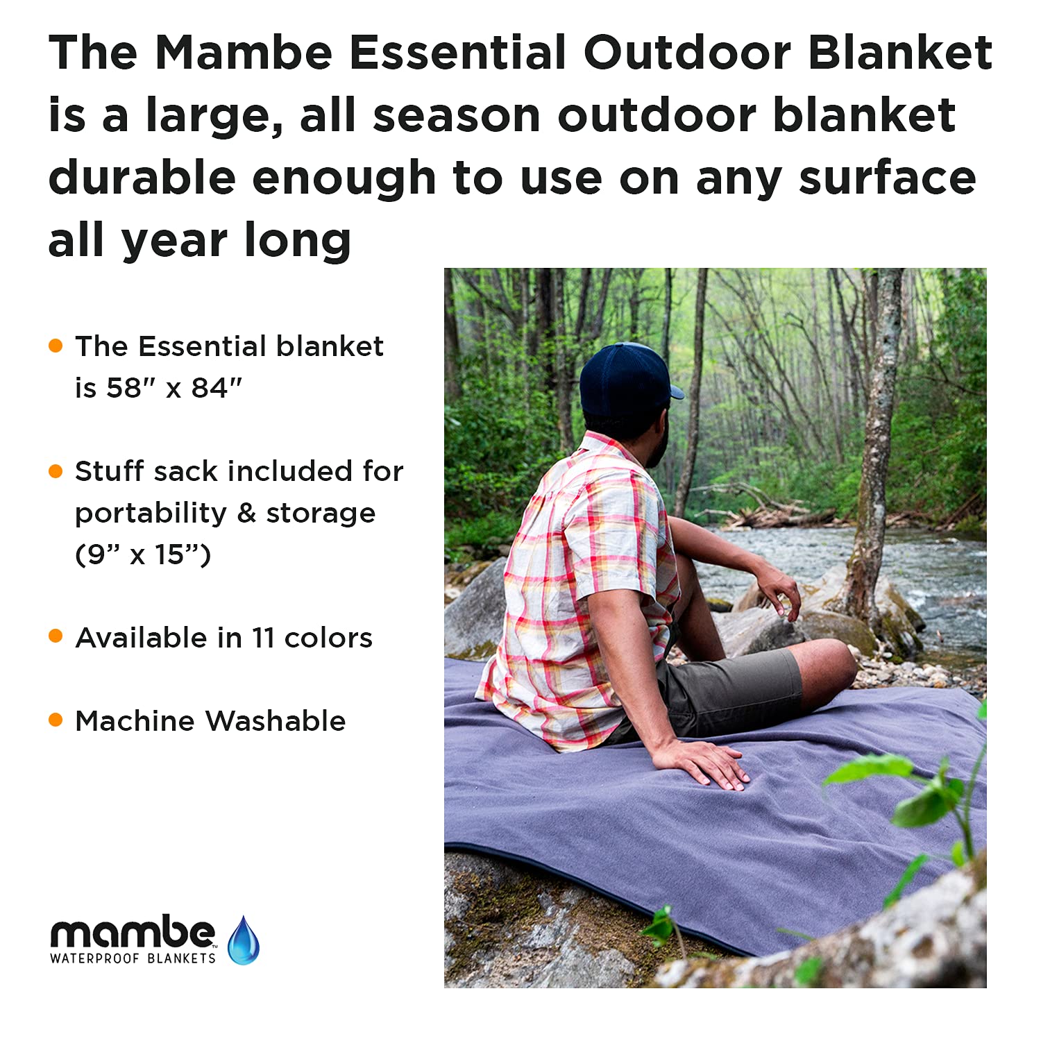 Mambe Large Waterproof Windproof Outdoor Blanket - 100% Fleece & Nylon All-Weather Throw for Camping, Picnics, Beach - Machine Washable Cozy Blanket for Backyard, Hiking & Travel