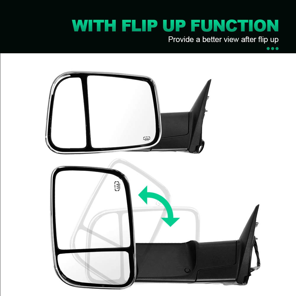 AUTOMUTO Power Heated Towing Mirrors with Turn Signal - Chrome Driver & Passenger Side Tow Mirrors Compatible with 2011-2016 Dodge Ram 1500/2500/3500 & 2010 Models - Perfect for Towing Trailers, Boats & RVs