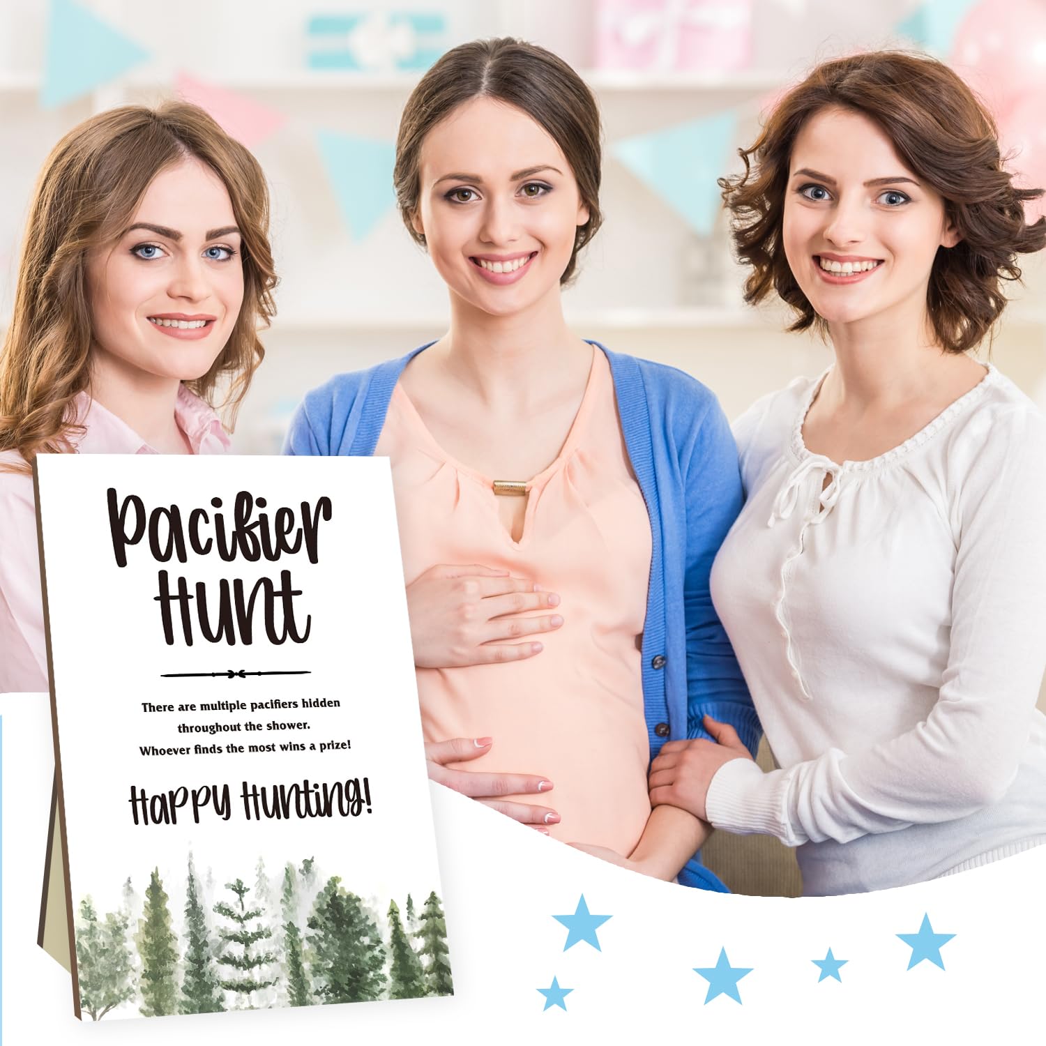 Baby Shower Party Games Set - Pacifier Hunt Game with Forest Theme Sign & 50 Blue Mini Pacifiers - Fun Baby Shower Decorations for Gender Reveal & Nursery Themed Celebrations