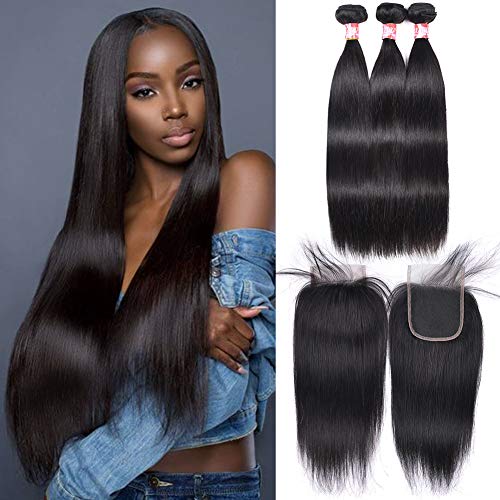 XCCOCO 8A Unprocessed Peruvian Full Straight Virgin Hair Bundle - 3 Bundles with Lace Closure (18+18+20 inches) & 18-inch Frontal - Silky Remy Human Hair for Weave & Extensions - Perfect for Holidays, Parties & Daily Styling