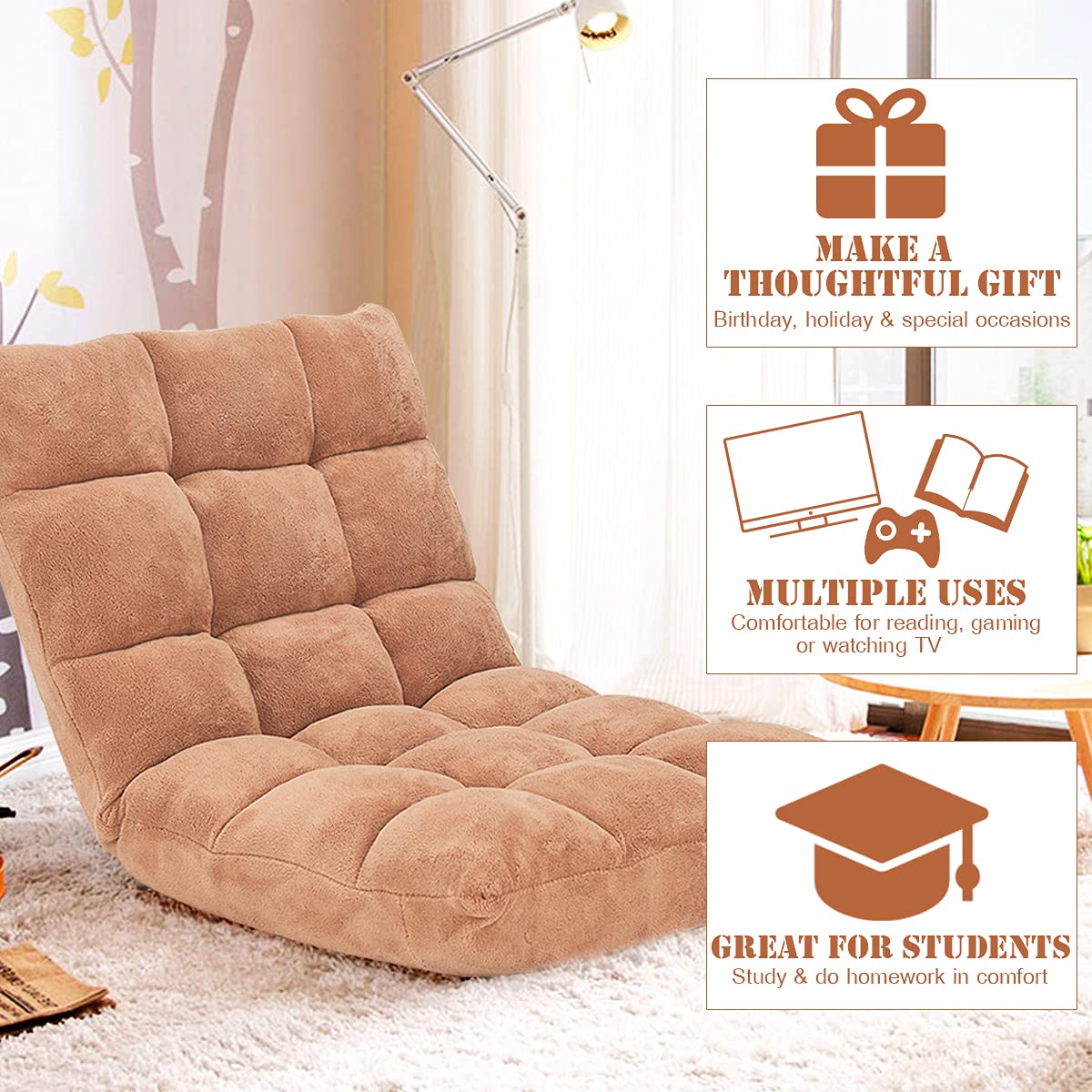 LDAILY 14-Position Adjustable Floor Gaming Chair with Lumbar Support - Padded Cushion Folding Recliner Sofa for Floor Seating, Reading & Video Games - Perfect for Living Room, Bedroom & Home Office (Pale Yellow)