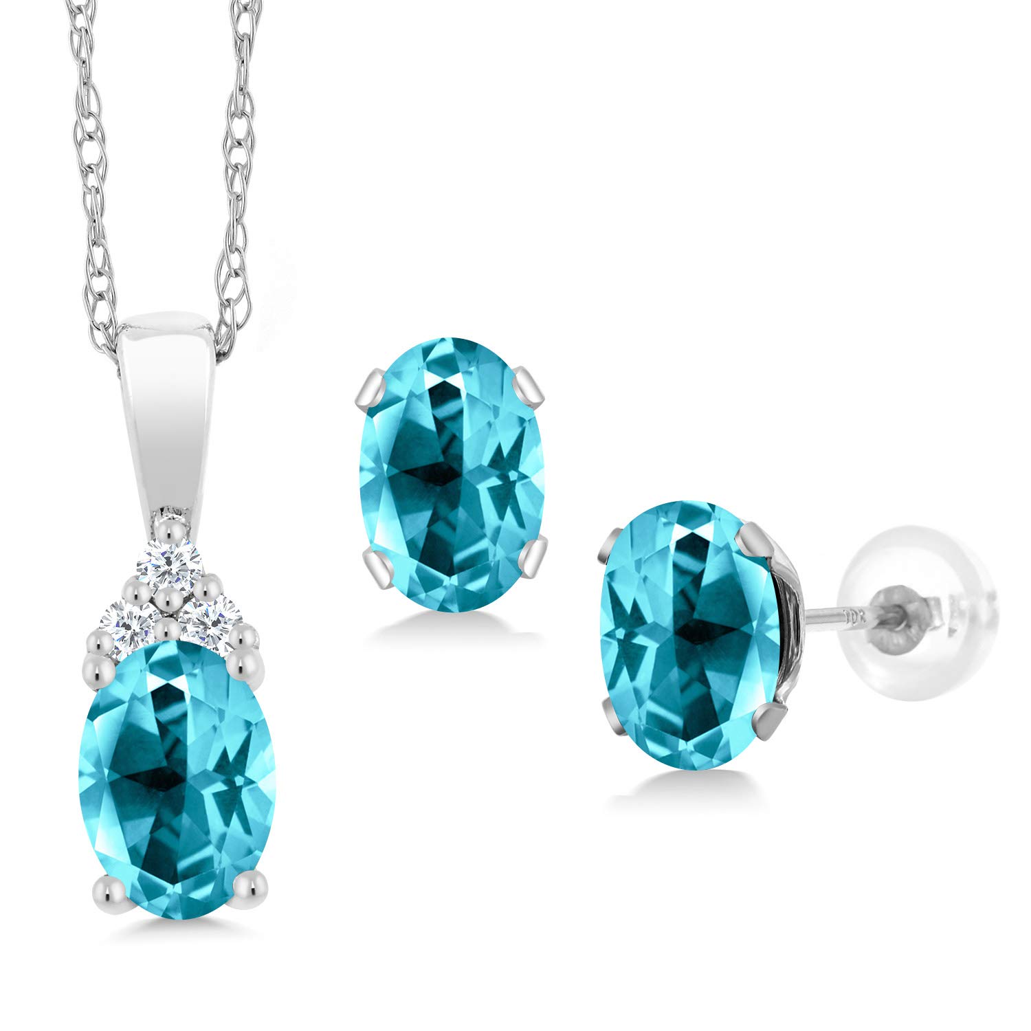 10K White Gold Pendant Earrings Set with White Diamond & Paraiba Topaz | Gem Stone King | Elegant Jewelry for Weddings, Parties & Special Occasions