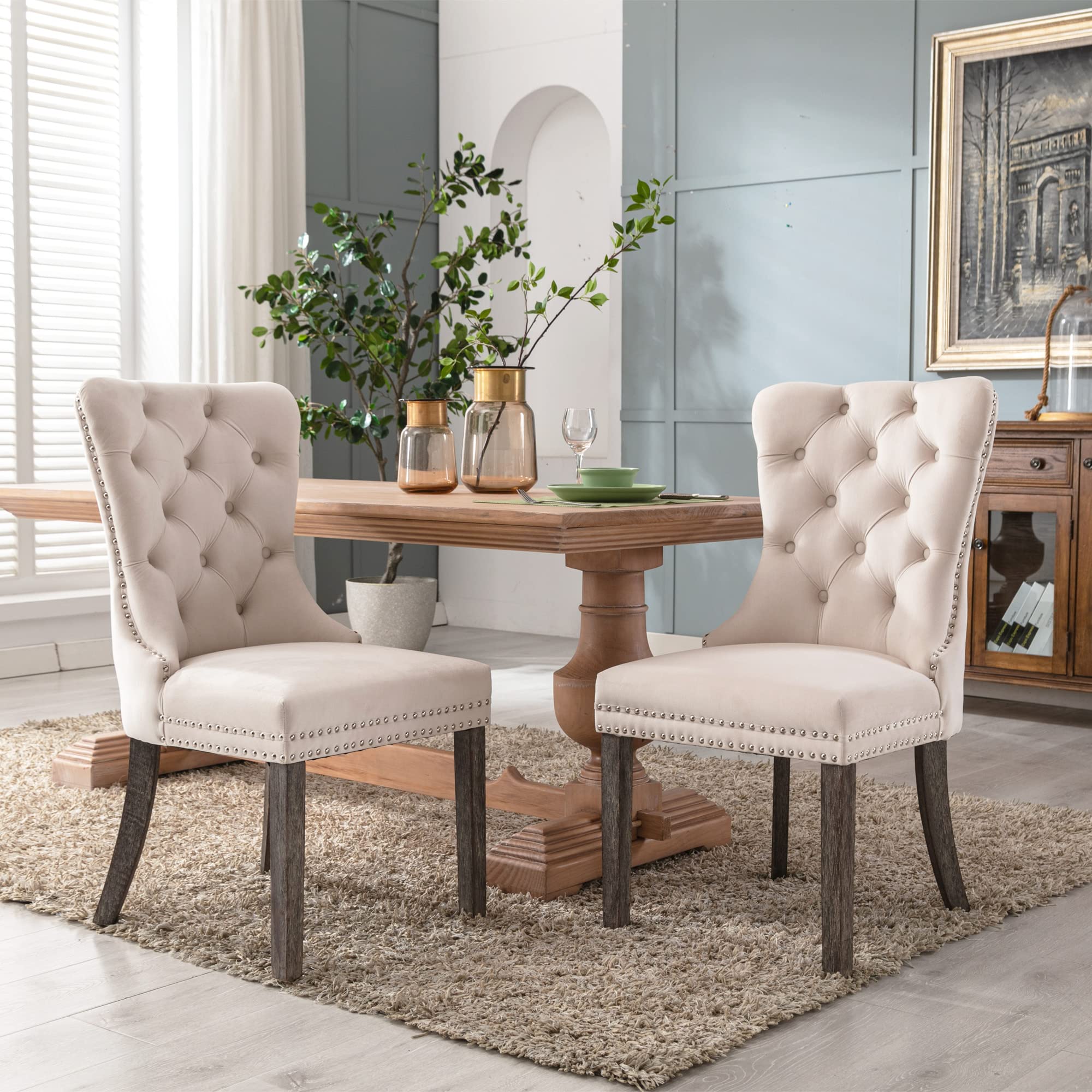 KCC Velvet Dining Chairs Set of 4 - Upholstered Tufted High Back Dining Chairs with Nailhead Trim & Solid Wood Legs, Modern Kitchen Dining Room Chairs for Home, Restaurant, Cafe - Beige Velvet Nikki Collection