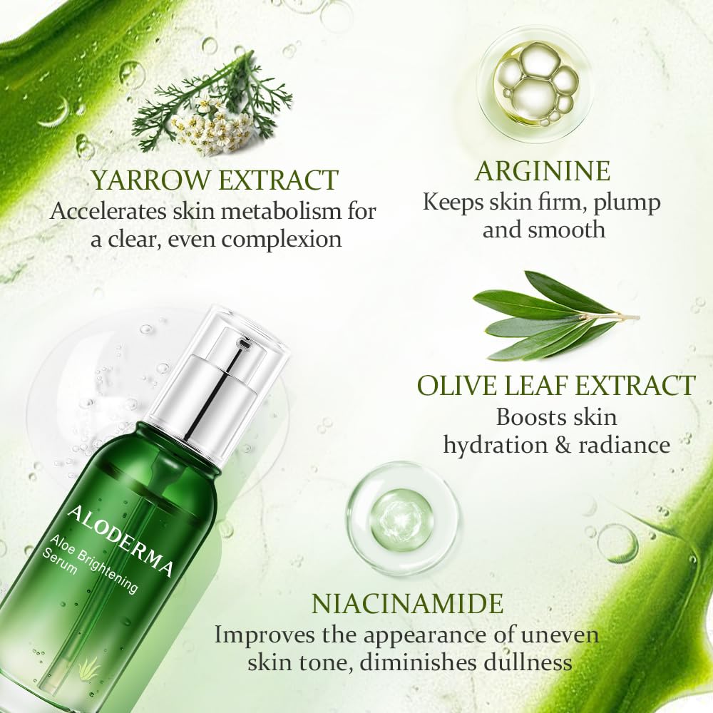 Aloderma Organic Aloe Vera Skin Brightening Serum with Niacinamide & Vitamin C - Hydrating Face Serum for Dull, Tired Skin - 1.7oz for Bright, Luminous Complexion | Perfect for Daily Skincare Routine & Nighttime Skin Rejuvenation