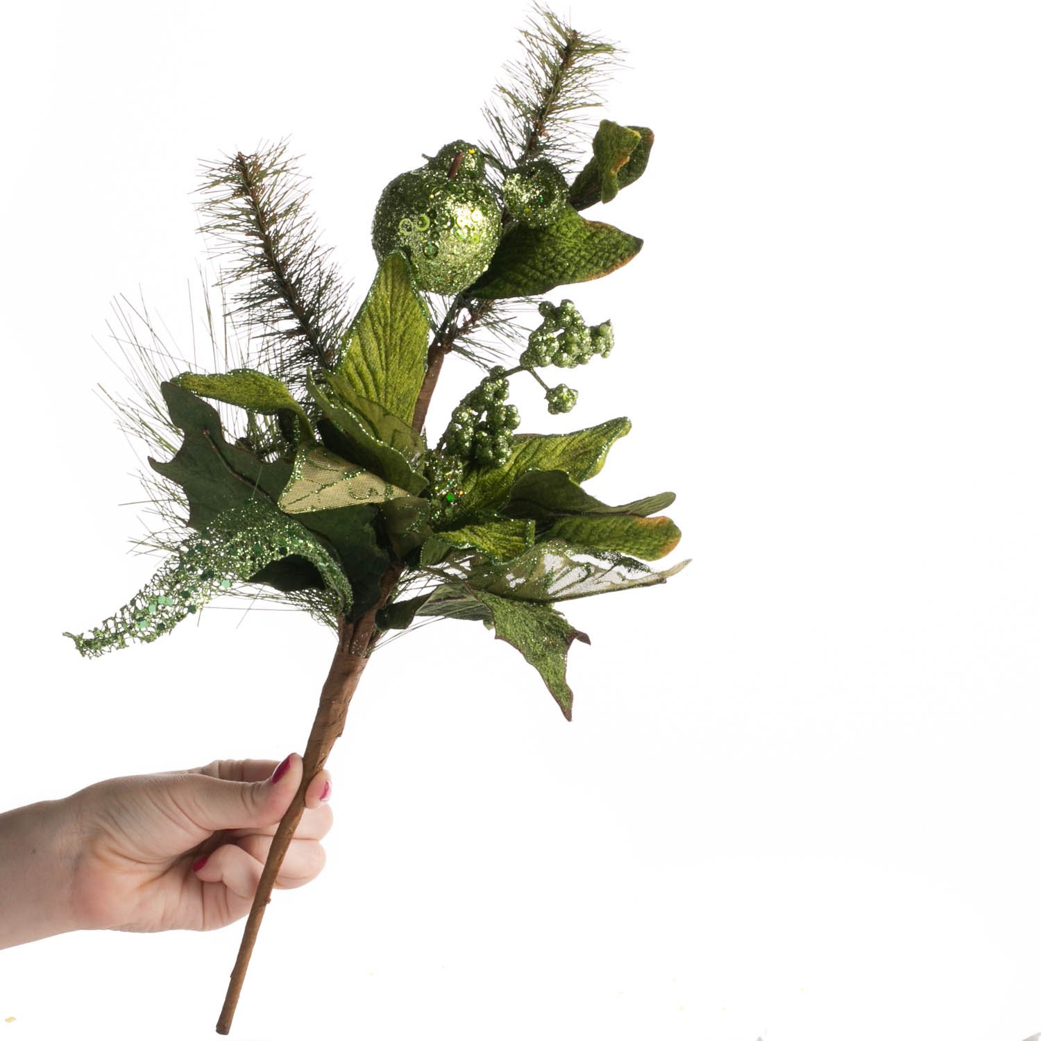 Wholesale Green Sparkling Velvet Artificial Poinsettia with Fruit Picks - Christmas Holiday Decorations, Wedding Centerpieces & Home Decorative Arrangements
