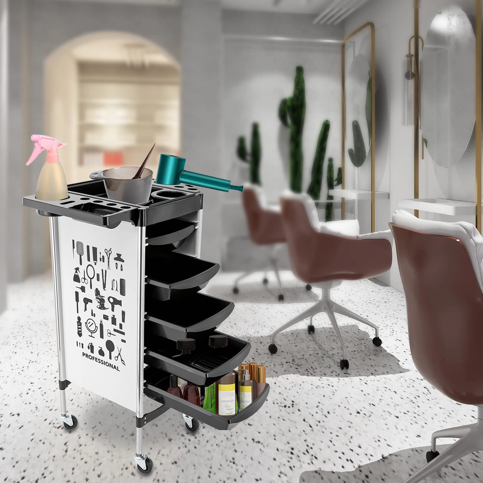 Professional Salon Hairdressing Trolley with 5 Drawers & Wheels - Mobile Beauty Station for Stylists - Perfect for Hair Salons, Barbershops & Home Use