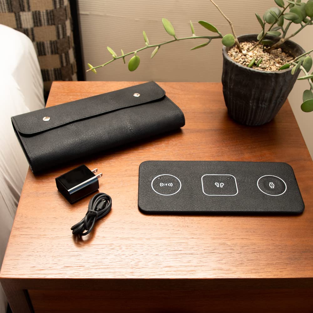 Brouk and Co ACE 3-in-1 Portable Wireless Fast Charging Pad (15W) - Compatible with iPhone, Samsung & Android Devices - Vegan Leather Charging Station for Phone, Watch & Headphones | Perfect for Home, Office & Travel Use