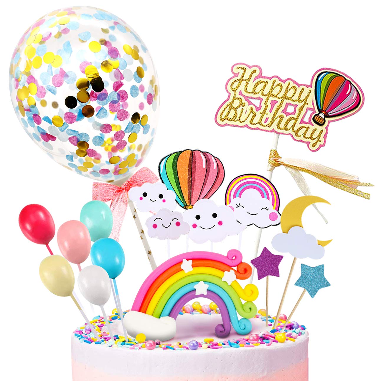 MOVINPE Happy Birthday Cake Topper - Rainbow Cloud & Confetti Balloons Decorations for Boys Girls Kids Birthday Parties | Perfect for Birthday Cakes, Cupcakes, Dessert Tables & Party Decorations