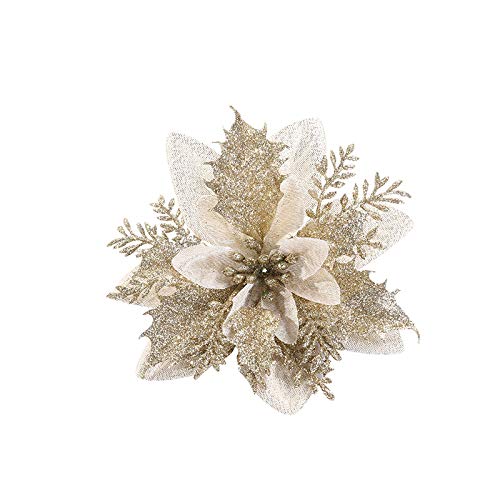 15 Pcs 6.3 Inch Artificial Poinsettia Flowers - Glitter Gold Christmas Wreath & Tree Ornaments for Holiday Home Decor, Party, Fireplace, and Festive DIY Crafts