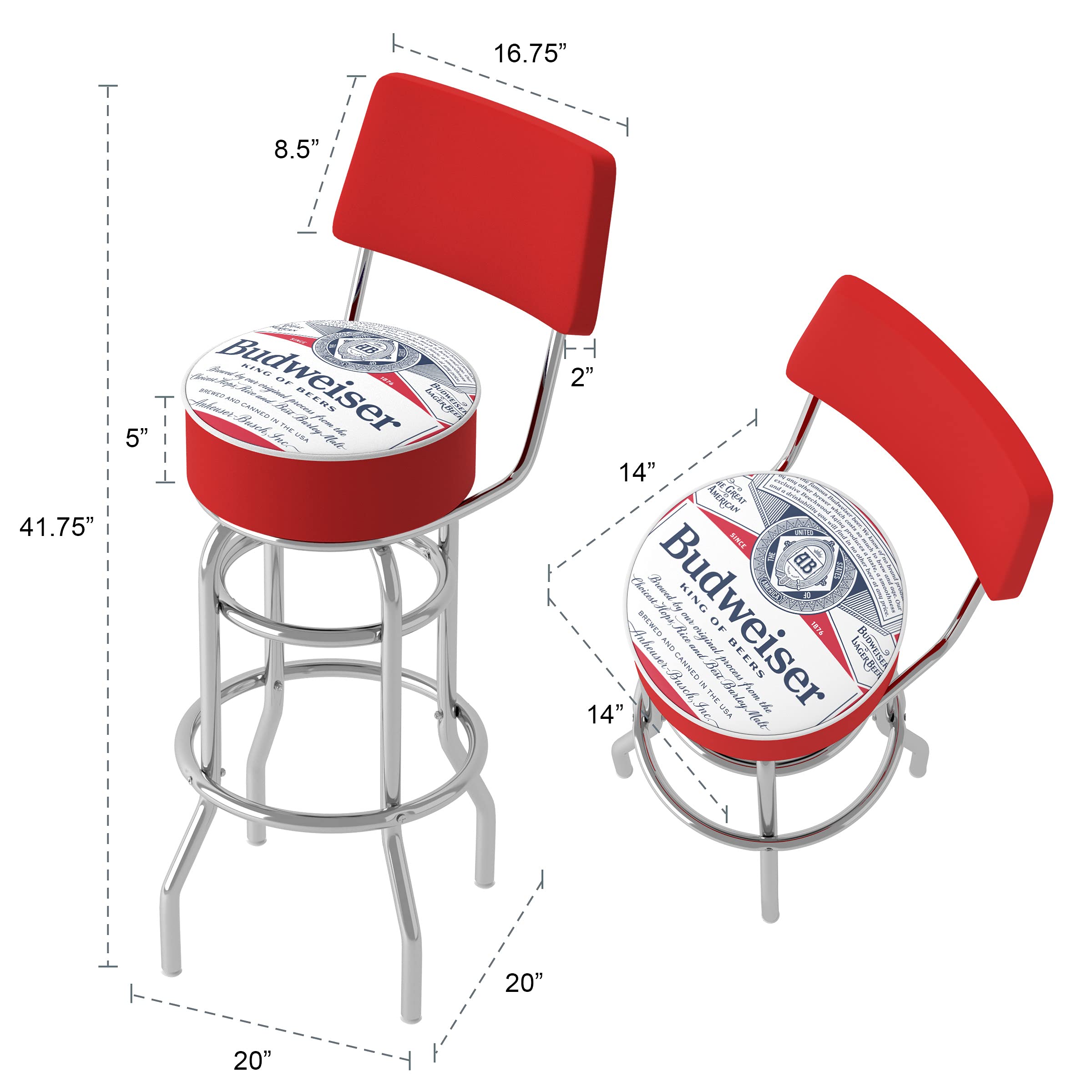 Budweiser Chrome Padded Swivel Bar Stool - Adjustable Height Barstool for Game Room, Man Cave & Home Bar - Comfortable Pub Stool with 360° Rotation