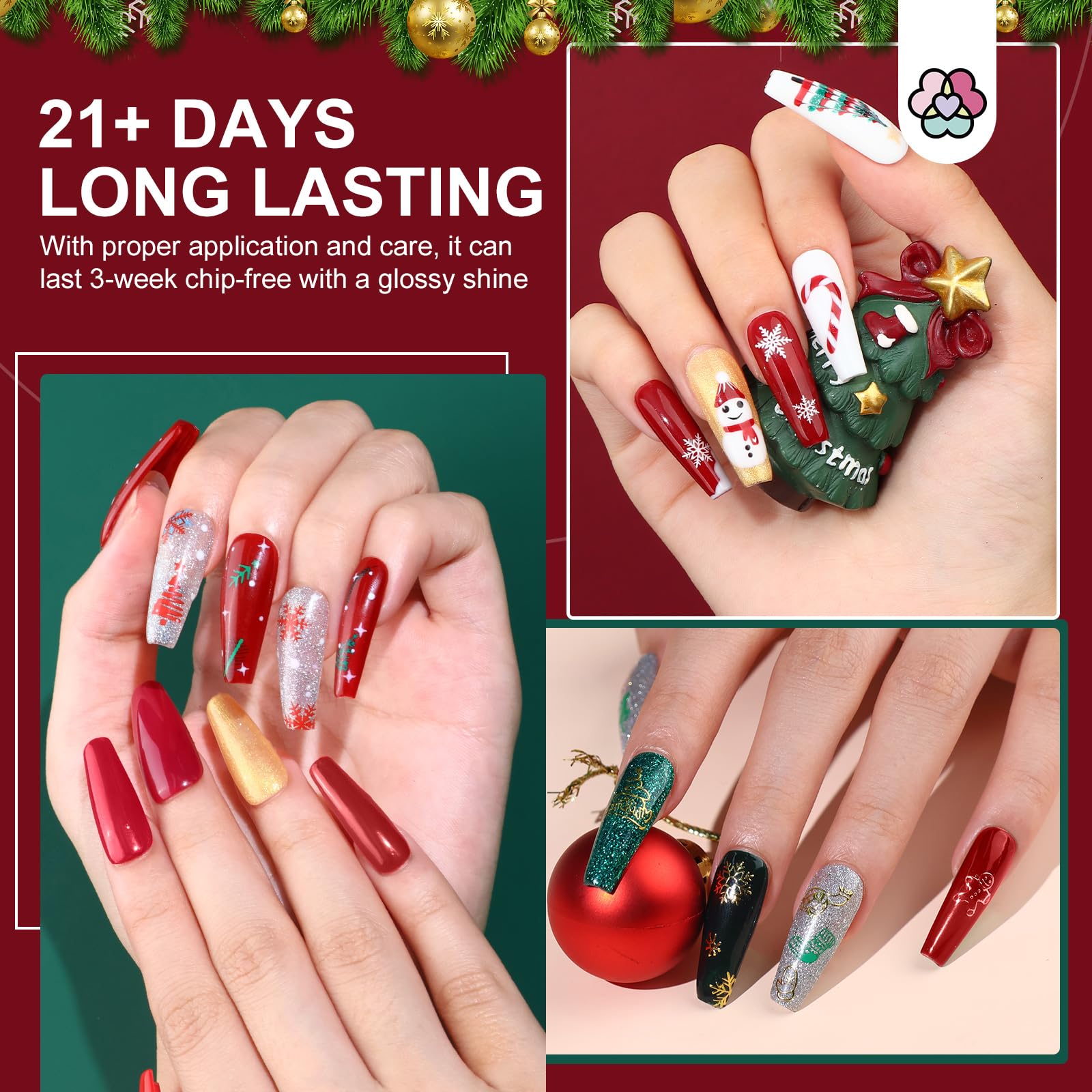 Vrenmol Christmas Gel Nail Polish Set - 6 Colors Glitter Soak Off LED Gel Polish Kit (0.27oz) with Nail Art Stickers & Liner | Red, Green, Gold, Silver Holiday Nail Designs for Home Salon, DIY Manicure & Party Nail Art