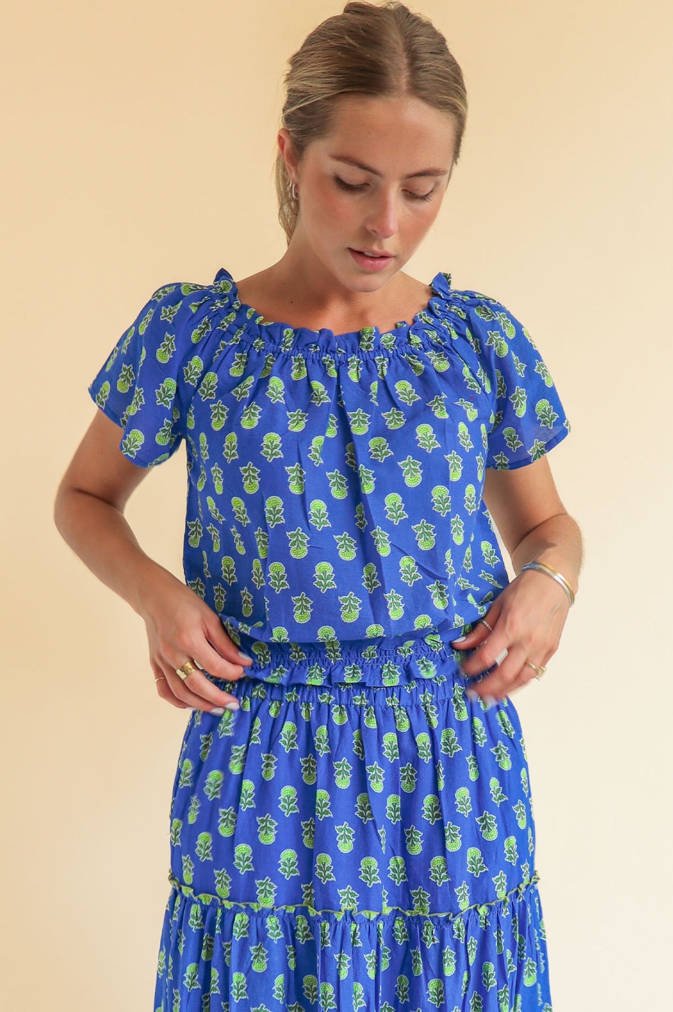 Ilana Printed Organic Cotton Women's Top | Blue & Green Floral Design | Casual Wear, Summer Outfits, Boho Style Fashion