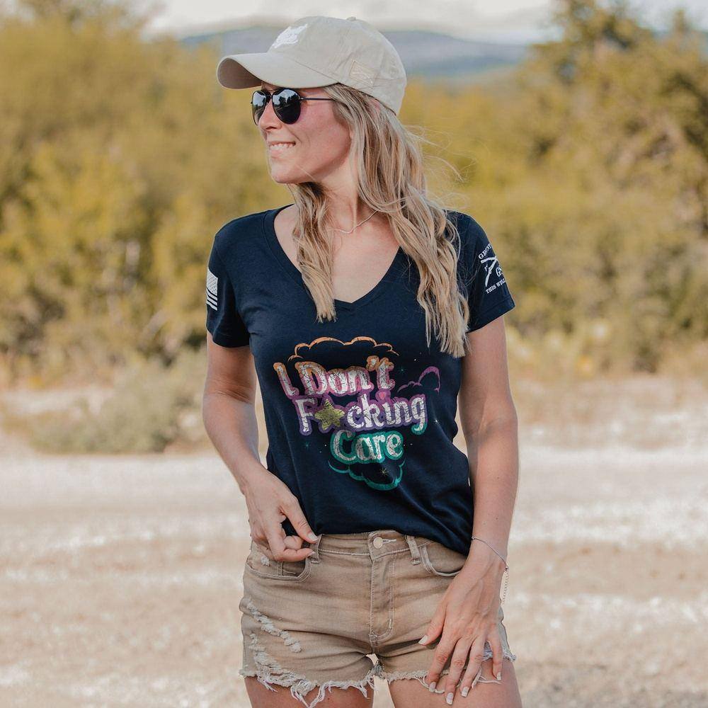 Women's 'I Don't F*cking Care' V-Neck T-Shirt in Midnight Navy - Casual Streetwear for Everyday Confidence & Attitude