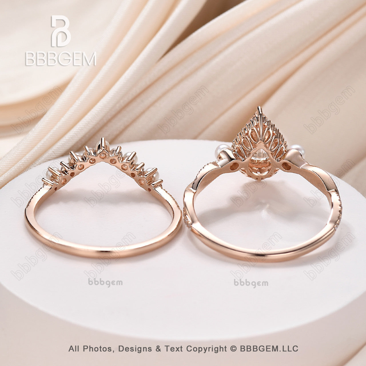 Vintage Pear Cut Natural Morganite & Pearl Three Stone Engagement Ring Set in 14k Rose Gold – Perfect for Weddings, Anniversaries, and Romantic Gifts