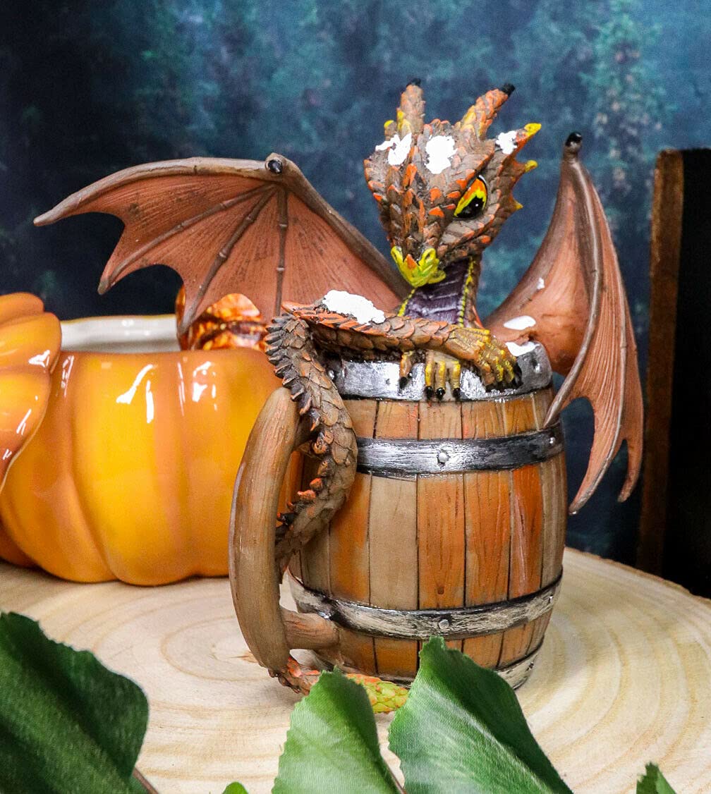 Fantasy Drunk Dragon Figurine - German Fest Dark Beer Barrel Statue, Funny Home & Bar Decor for Beer Lovers - Perfect for Halloween, Game Room, and Fantasy Themed Parties