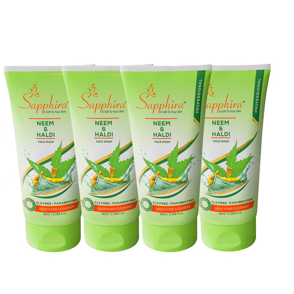 **Sapphira Neem & Turmeric Face Wash Combo - 60ml Each (Pack of 4) | Deep Cleansing for Acne & Glow | Daily Skincare Routine**