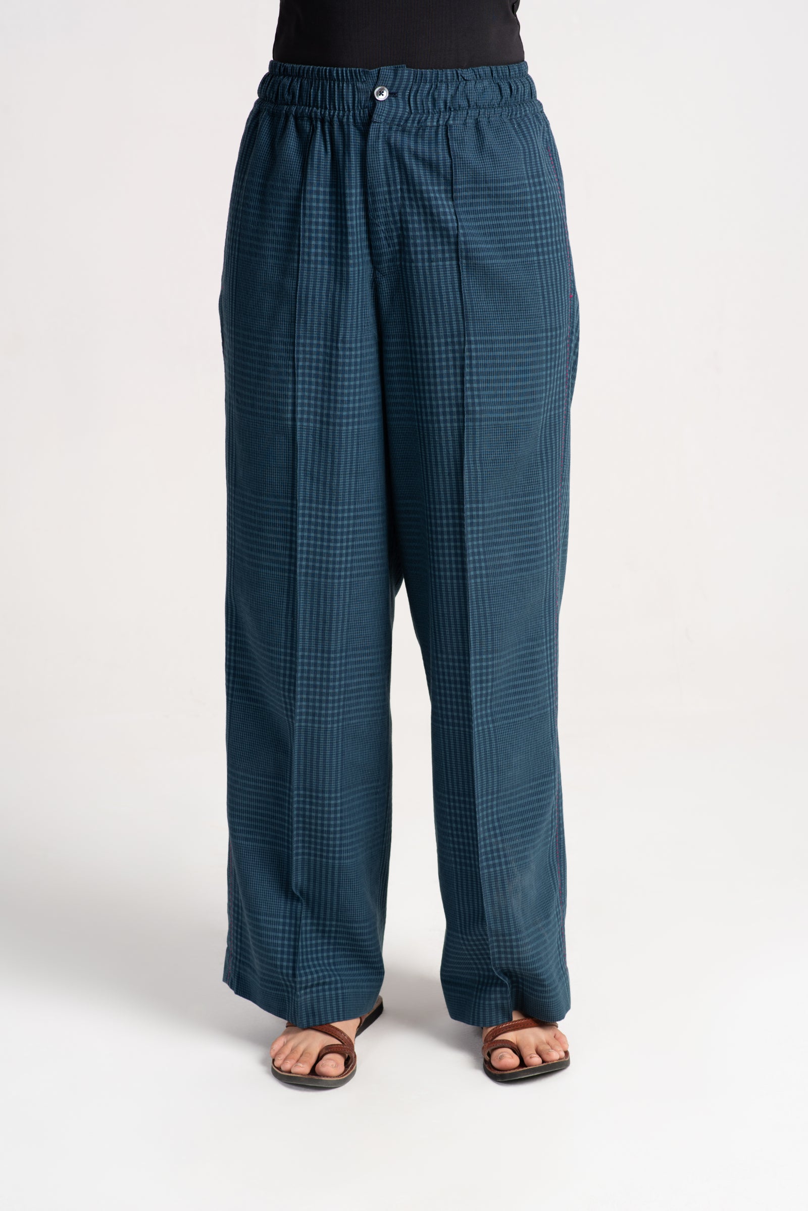 Chandrika Women's Cotton Silk Checkered Teal Trousers - Comfortable & Stylish for Work, Travel & Casual Wear