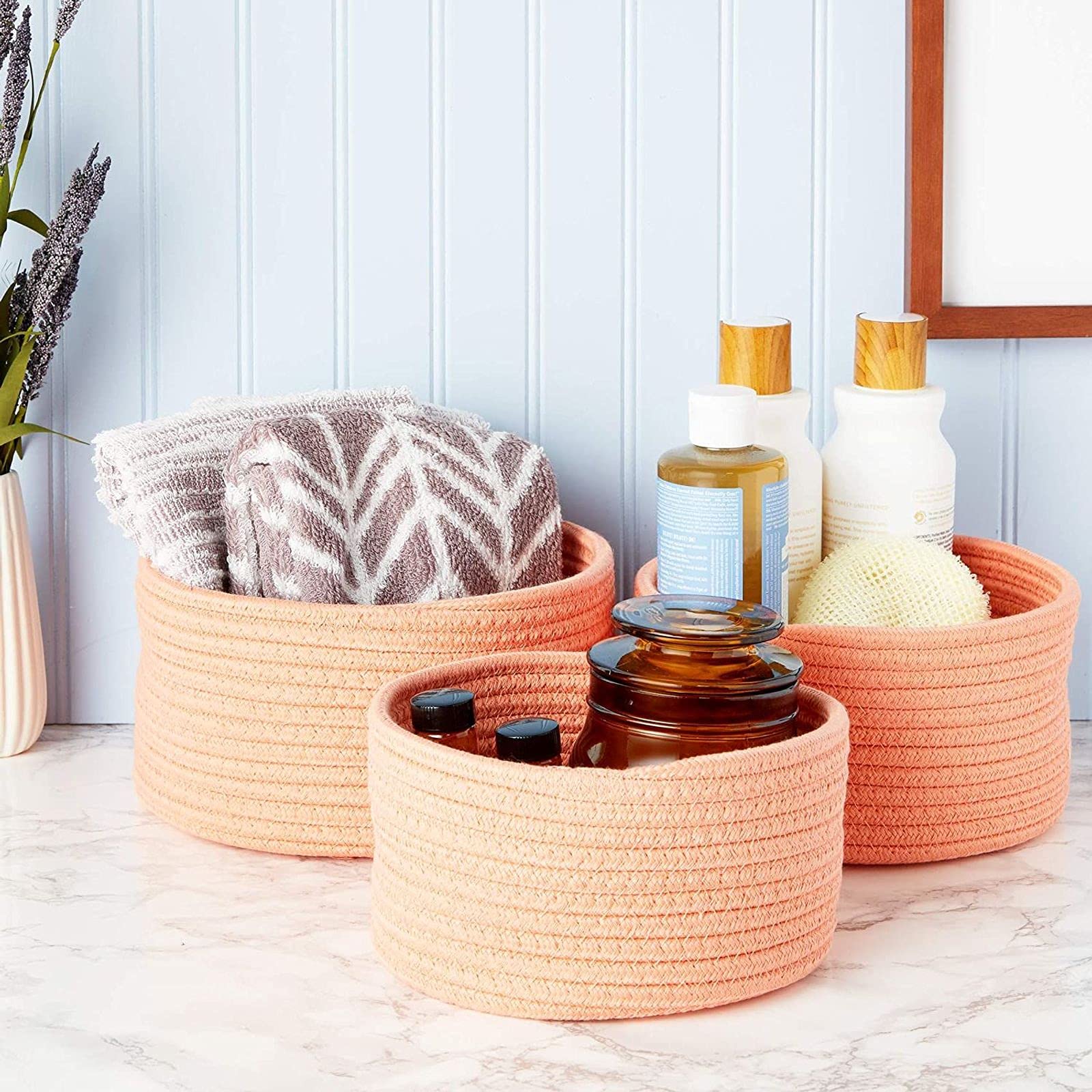 Farmlyn Creek Cotton Woven Storage Baskets - Peach Home Organizer Set (3 Sizes, 3 Pack) | Perfect for Closet, Bathroom & Nursery Organization