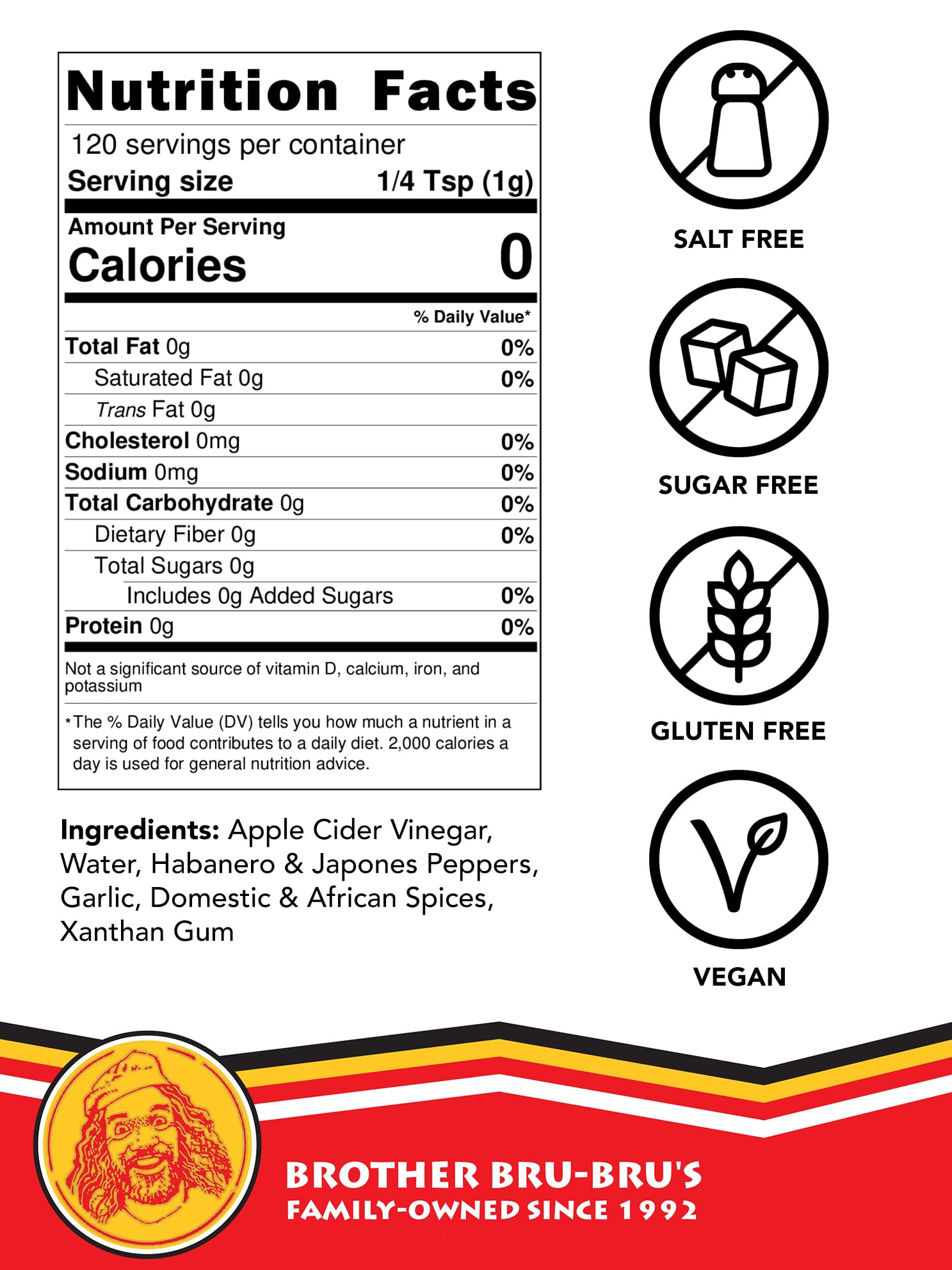 Brother Bru-Bru's African Habanero Hot Sauce - No Sodium, Salt Free, Sugar Free, Gluten Free, Vegan - Spicy Pepper Sauce & Seasoning - 5 oz (Pack of 3) - Perfect for Tacos, Wings, BBQ & Cooking