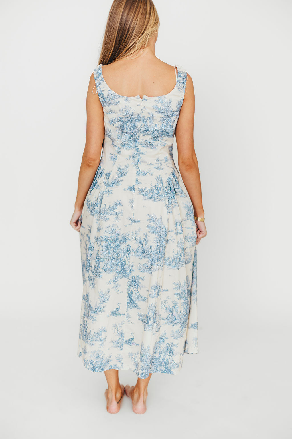 Skyla 100% Cotton Toile Midi Dress with Tie in Blue | Floral Summer Dress for Women | Perfect for Beach Vacations, Garden Parties & Casual Outings