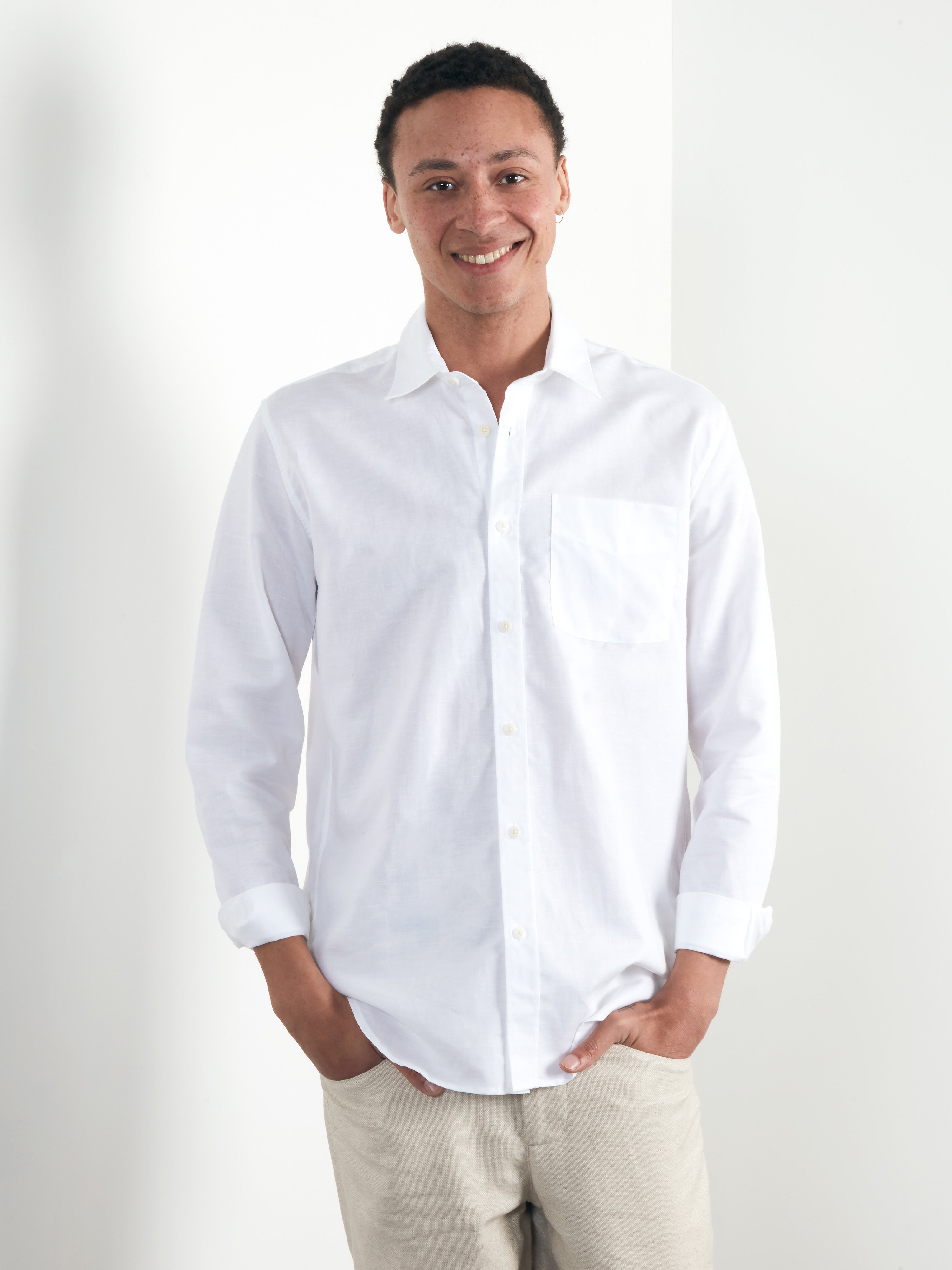 Premium White Cotton Linen Collared Shirt for Men - Breathable Summer Casual Button Down Shirt - Perfect for Office, Travel & Outdoor Activities