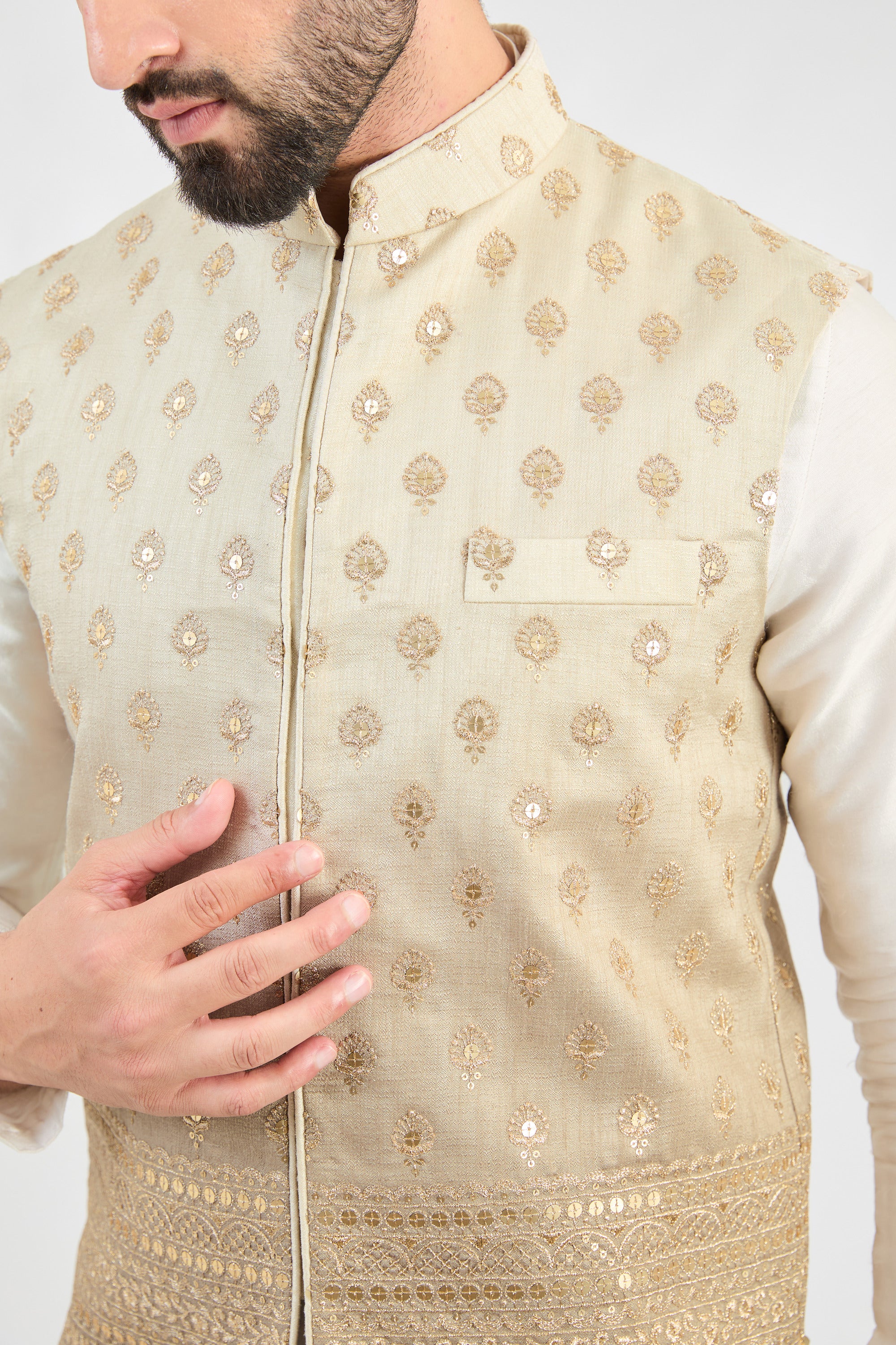 Elegant Ombre Nude Grey Nehru Jacket with Zari Embroidery - Perfect for Weddings & Festive Occasions   Stylish Ombre Coral Peach Nehru Jacket with Zari Embroidery - Ideal for Parties & Cultural Events