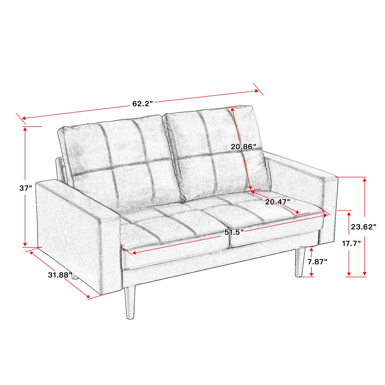 Modern PU Leather Loveseat Sofa with High-Density Foam Cushion & Solid Wood Legs - Comfortable Accent Love Seat for Living Room, Bedroom or Office - Perfect for Small Spaces, Reading Nook & Guest Seating (Black)