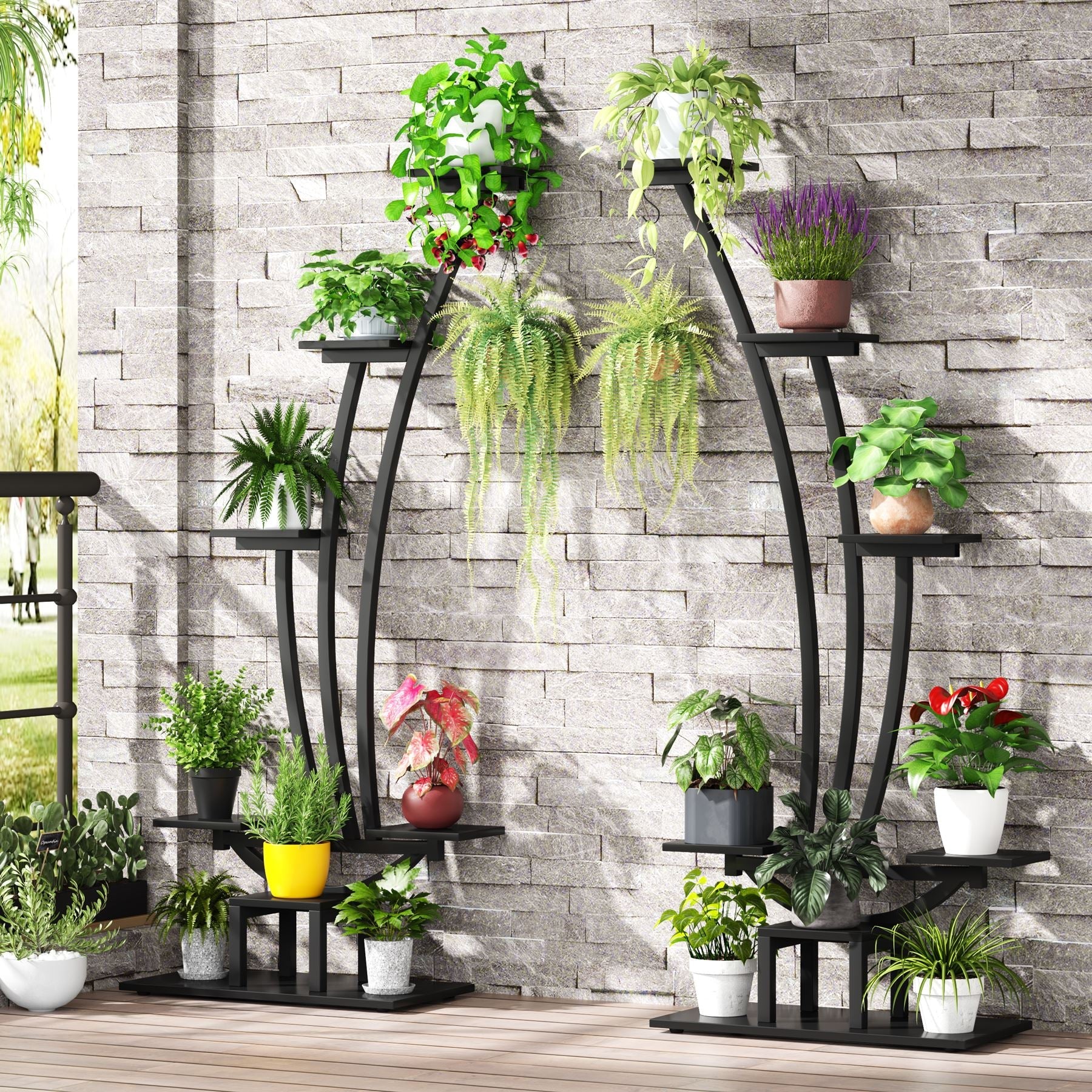 6 Tier Metal Plant Stand - Pack of 2 Curved Display Shelves with Hanging Hooks for Indoor Outdoor Garden, Balcony, Patio Decor