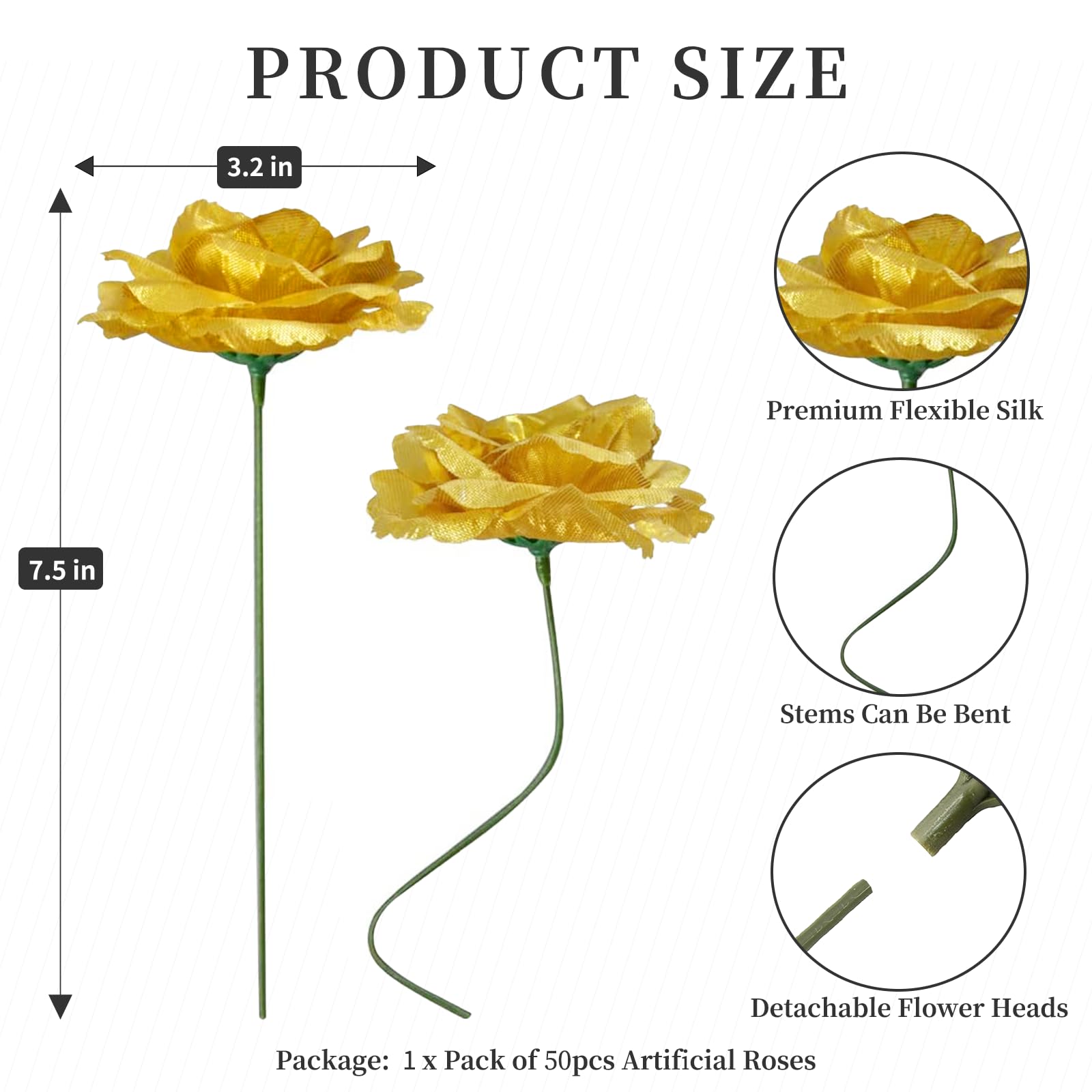 50 Pack Gold Artificial Roses with Stems - 3 & 6 Inch Silk Fake Flowers for Wedding Decorations, DIY Crafts, Home Centerpieces, Bridal Bouquets, and Party Decor