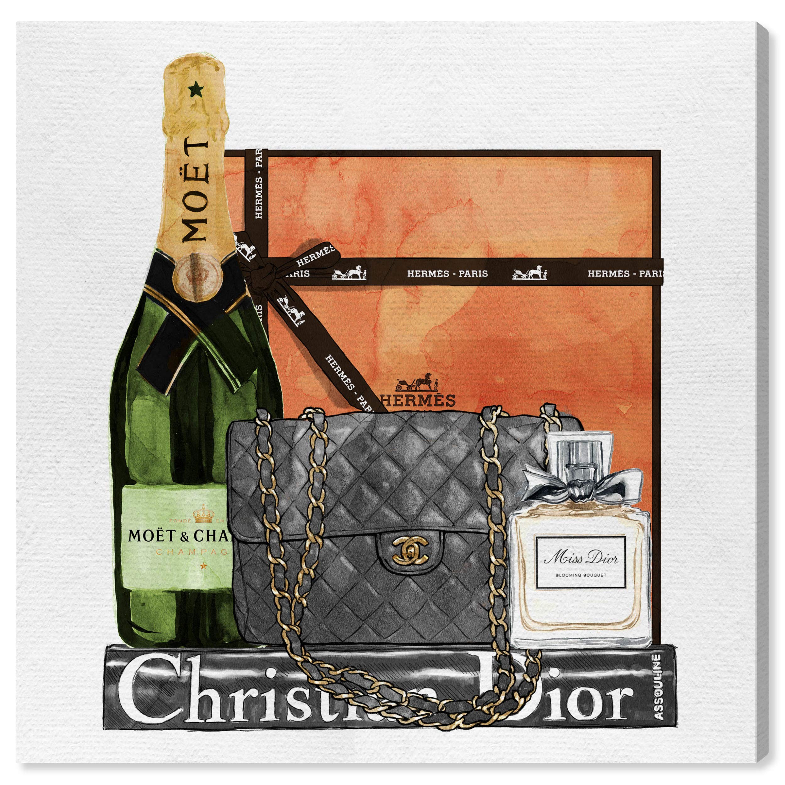 Oliver Gal 'Delicate Perfume and Books' Gray Fashion Wall Art Print - Premium Canvas 24x24 Inches - Modern Home Decor for Living Room, Bedroom & Office