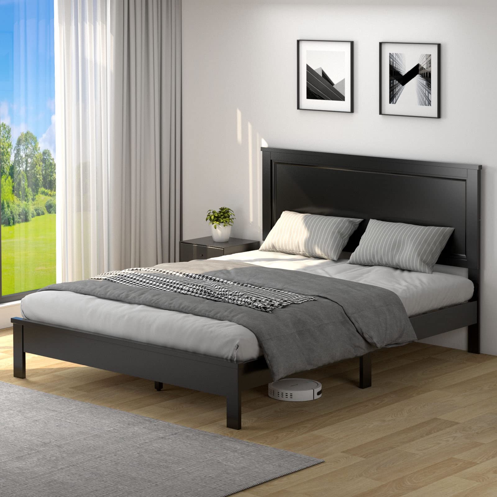 KOMFOTT Queen Size Wood Platform Bed Frame with Headboard - Solid Wood Mid Century Modern Bed Frame with Slat Support & Under Bed Storage - No Box Spring Needed - Mattress Foundation Bed Base in Black - Perfect for Small Bedrooms & Guest Rooms