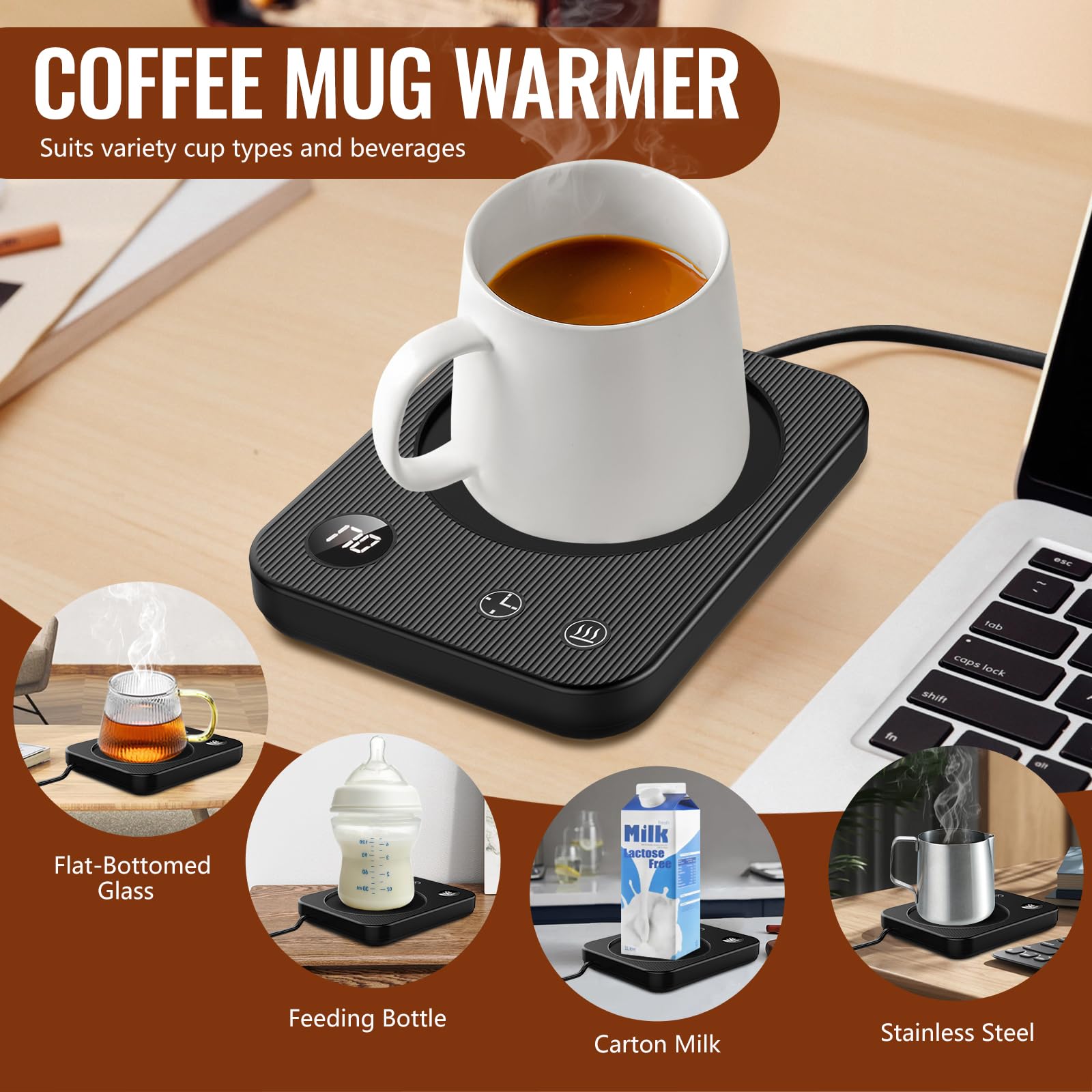 3-Temperature Coffee Mug Warmer with Auto Shut-Off - Anti-Scalding Silicone Desk Warmer for Tea, Hot Chocolate & Beverages - Portable Electric Cup Warmer for Office, Home & Travel Use